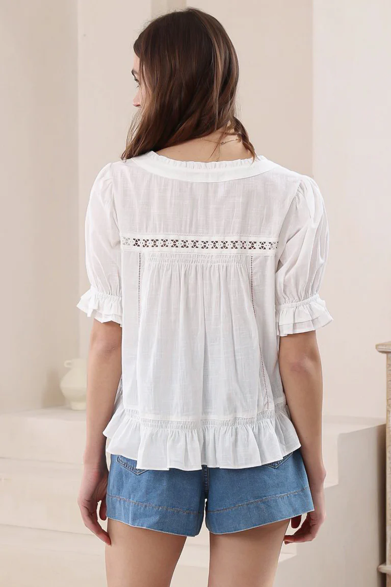 Selma Top - Round Neck Lace Detailed Pull Over Top in White - Image 4