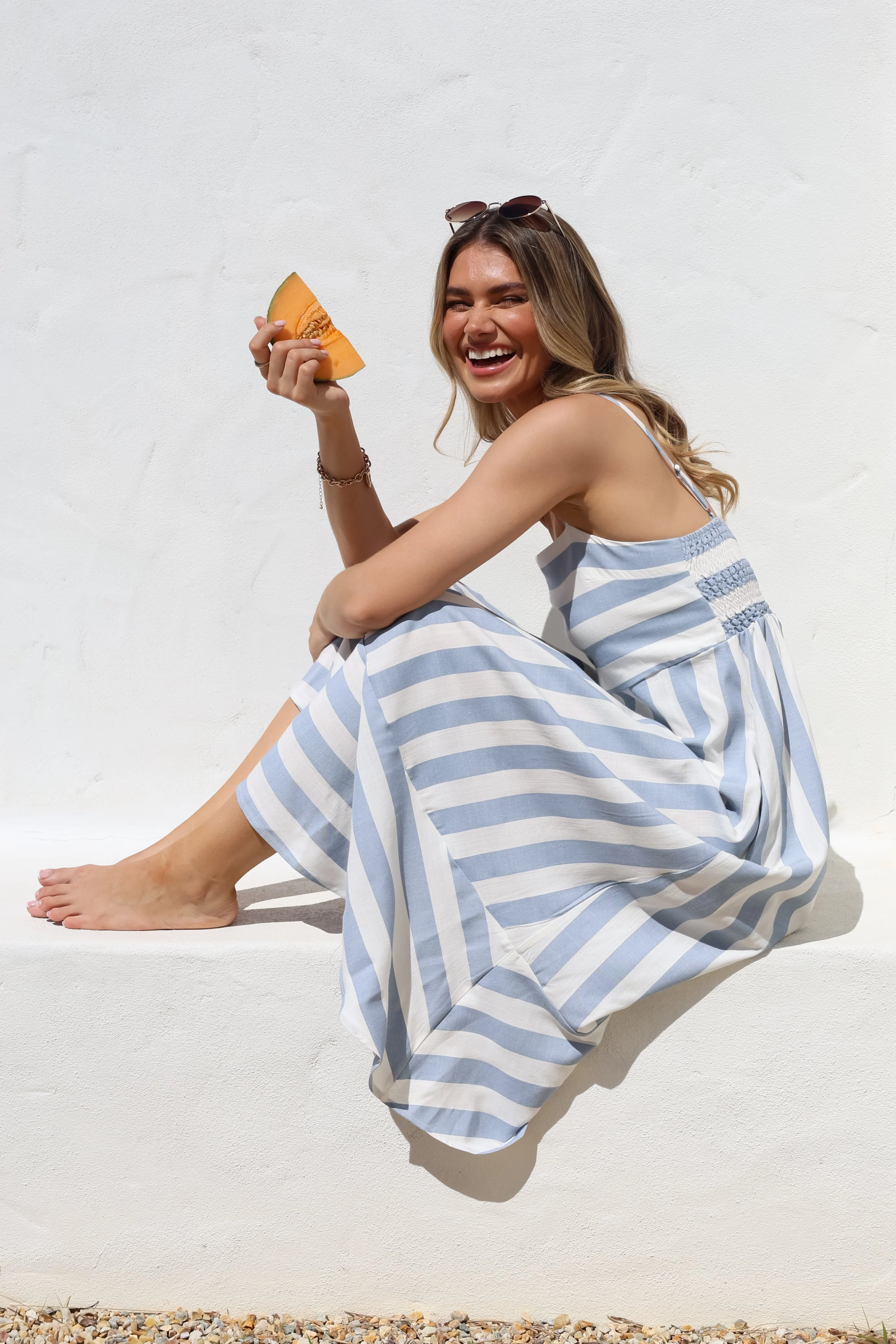 Sennia Midi Dress - Adjustable Spaghetti Strap Sun Dress in Gaubi Print Blue - Image 2