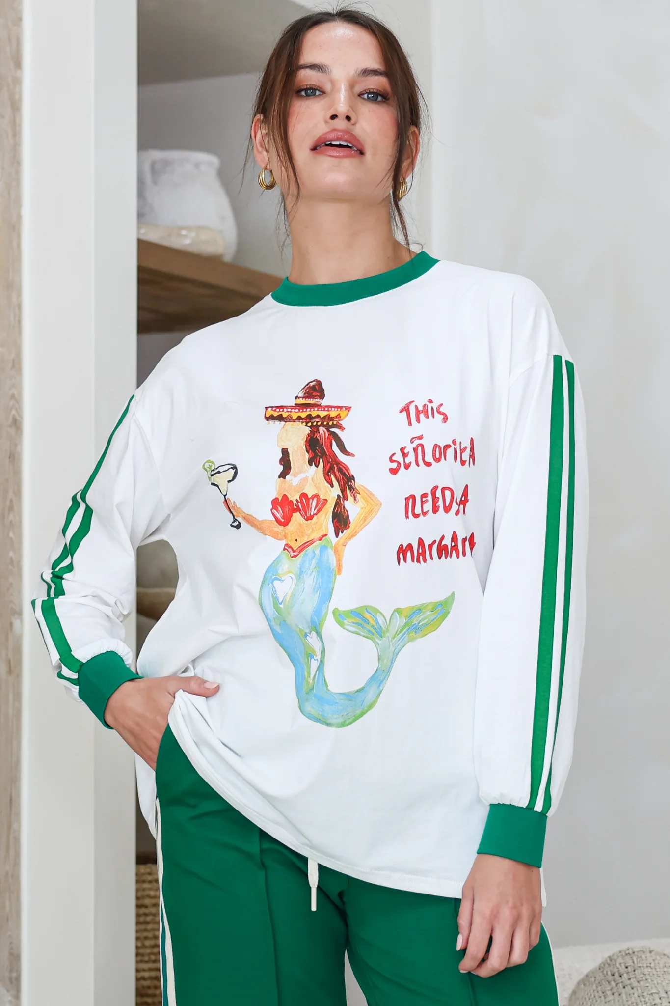 Senorita Margarita Long Sleeve Tee - Crew Neck Contrast Stripe Graphic T-Shirt in White