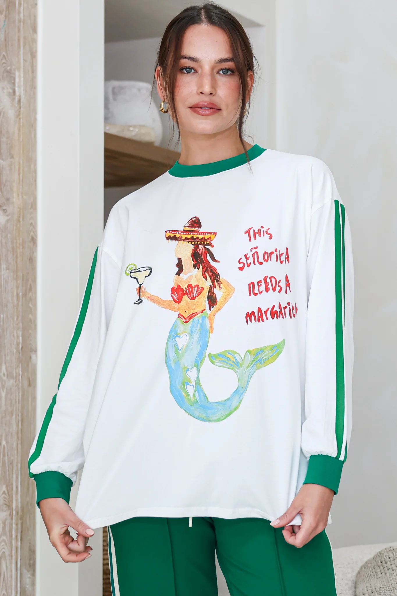 Senorita Margarita Long Sleeve Tee - Crew Neck Contrast Stripe Graphic T-Shirt in White - Image 3