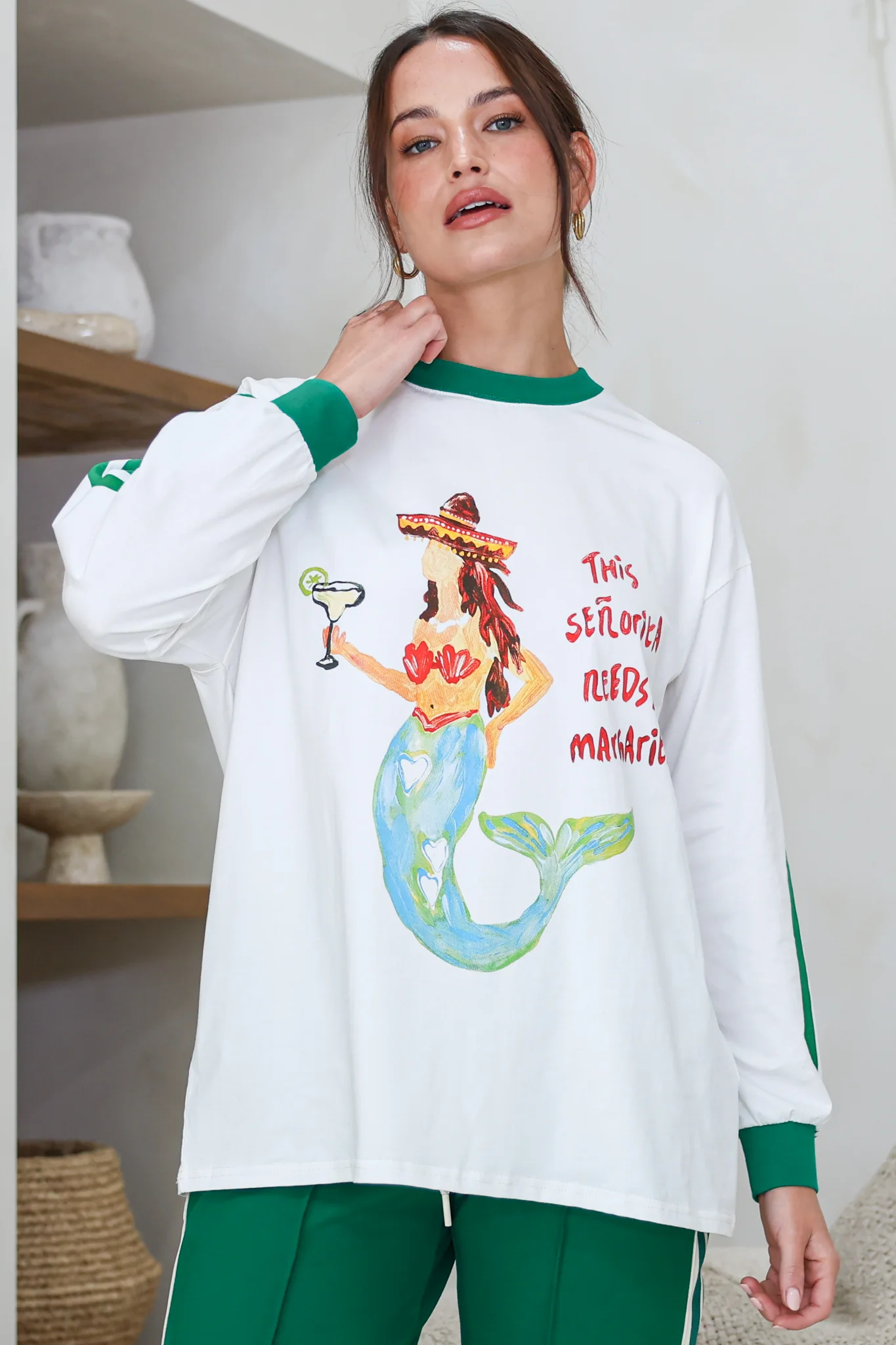 Senorita Margarita Long Sleeve Tee - Crew Neck Contrast Stripe Graphic T-Shirt in White - Image 4