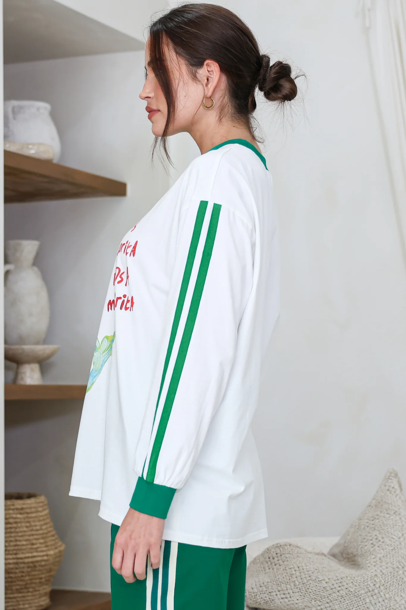 Senorita Margarita Long Sleeve Tee - Crew Neck Contrast Stripe Graphic T-Shirt in White - Image 6