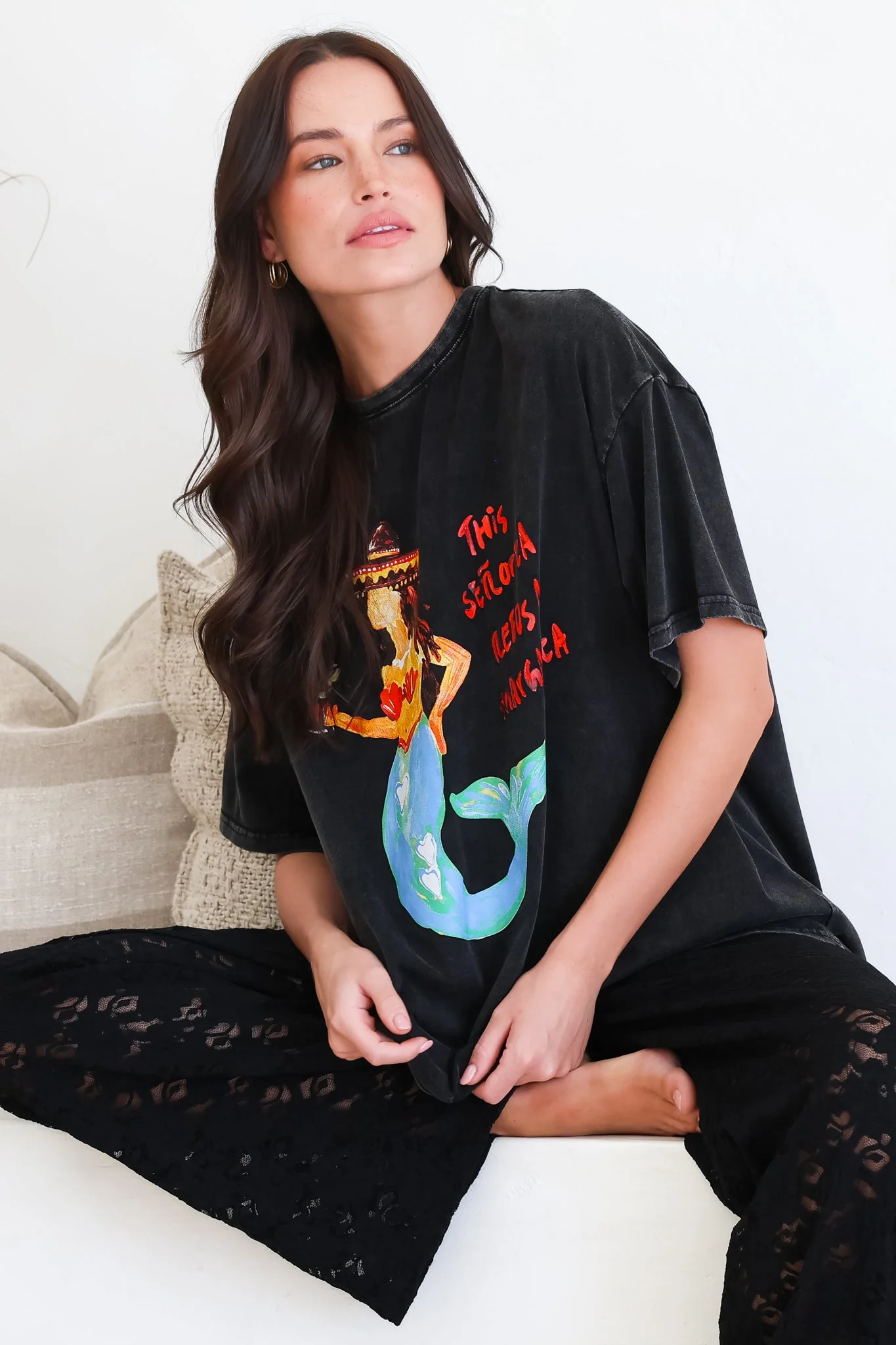 Senorita Margarita Tee - Crew Neck Oversized Graphic Tee in Black Acid Wash - Image 3