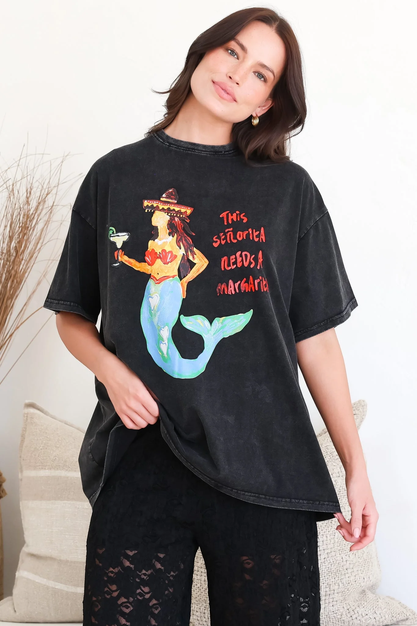 Senorita Margarita Tee - Crew Neck Oversized Graphic Tee in Black Acid Wash - Image 5