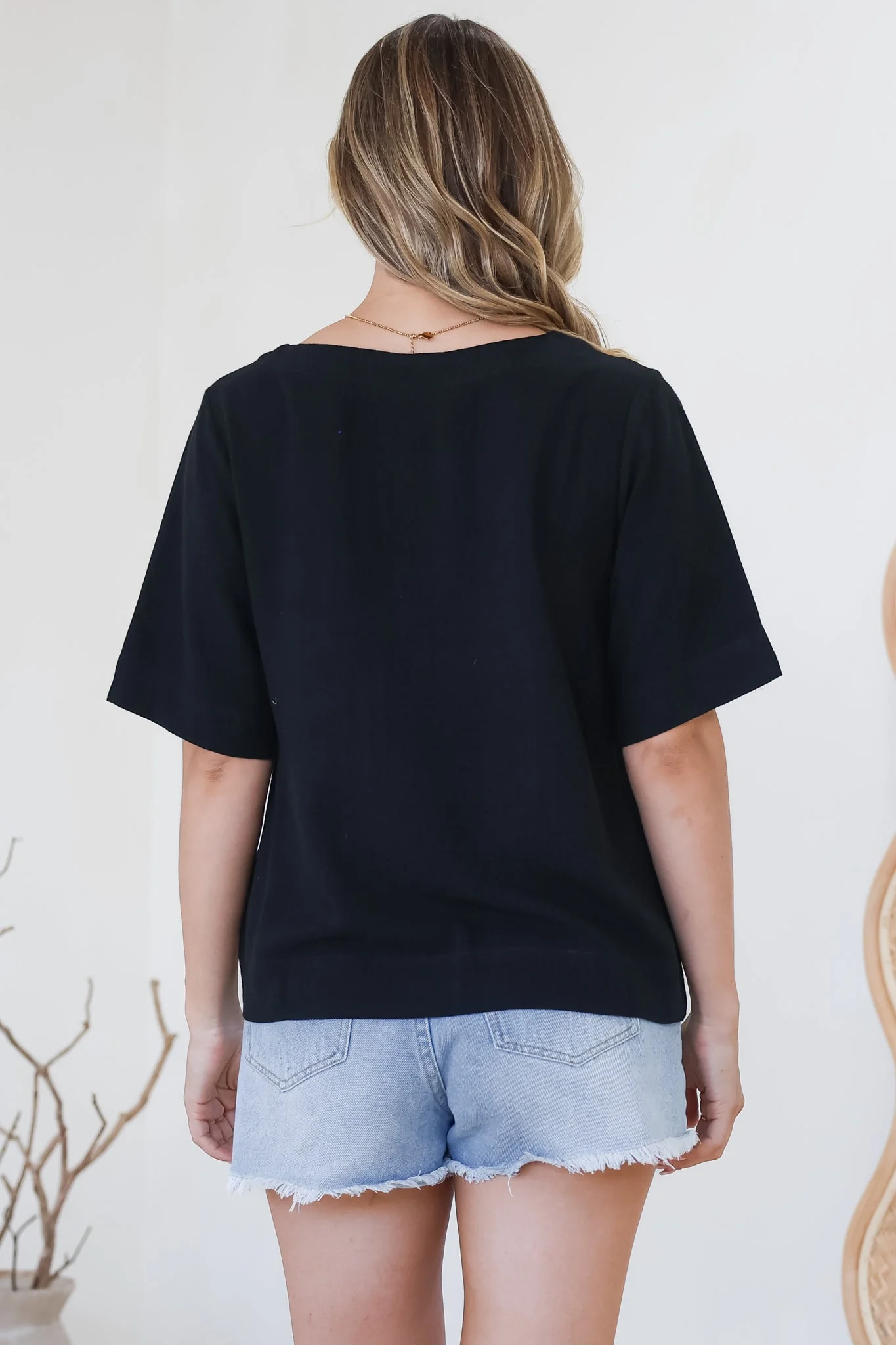 Shandy Top - V-Neck Boxy High Low Top with Short Sleeves in Black - Image 7