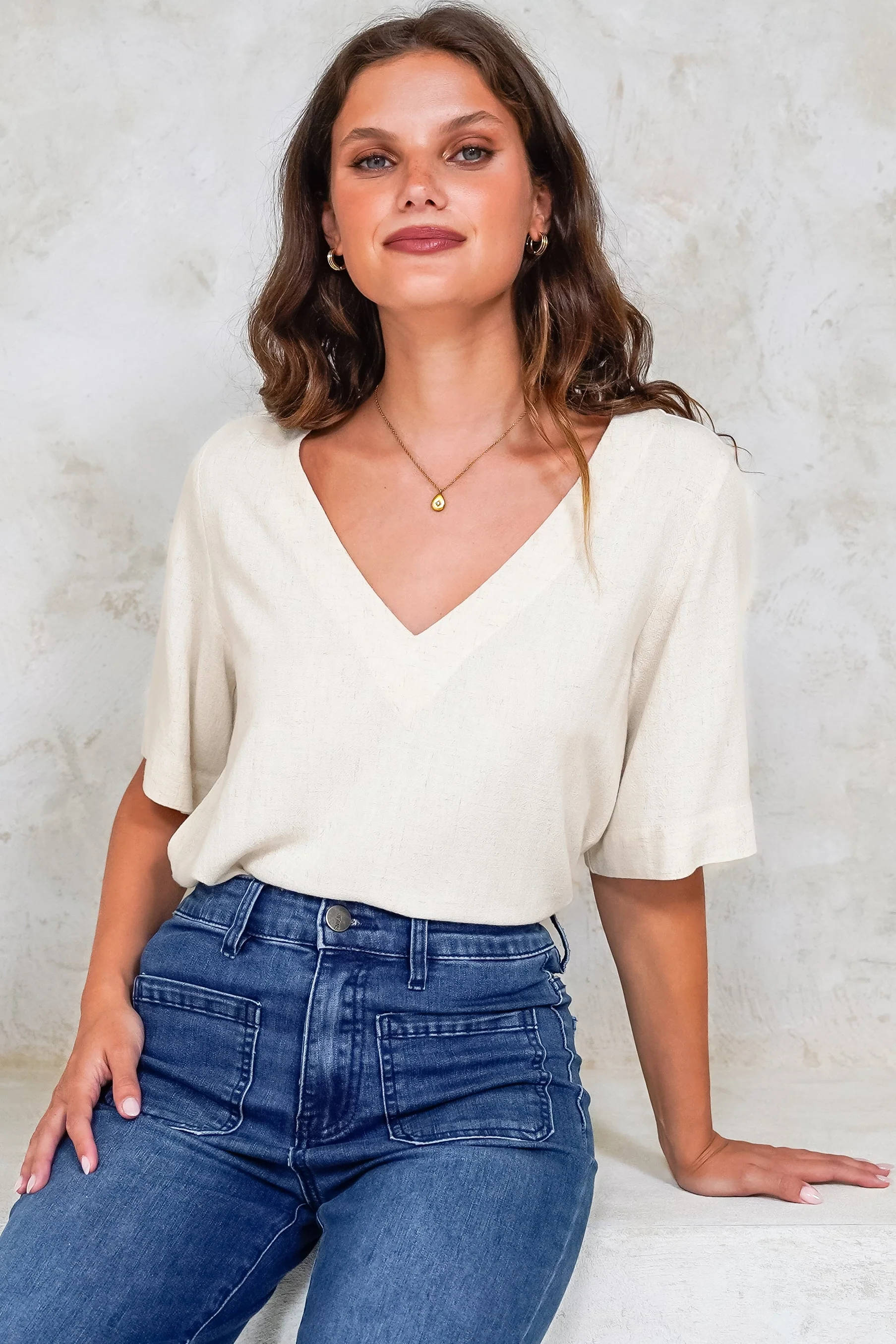 Shandy Top - V-Neck Boxy High Low Top with Short Sleeves in Oatmeal - Image 2