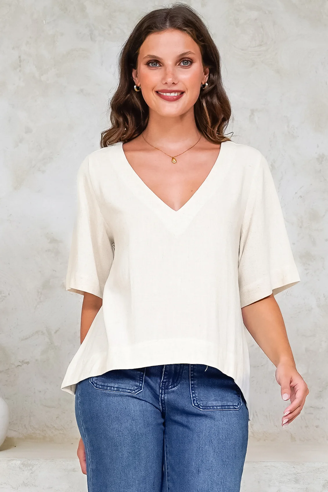Shandy Top - V-Neck Boxy High Low Top with Short Sleeves in Oatmeal - Image 3