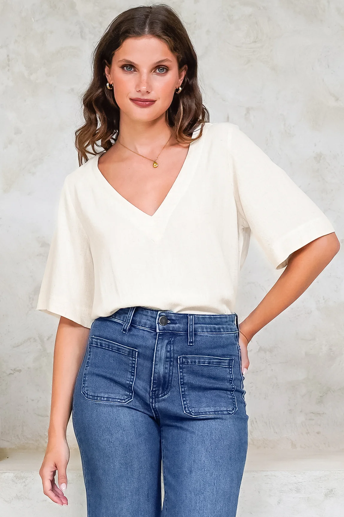 Shandy Top - V-Neck Boxy High Low Top with Short Sleeves in Oatmeal - Image 4