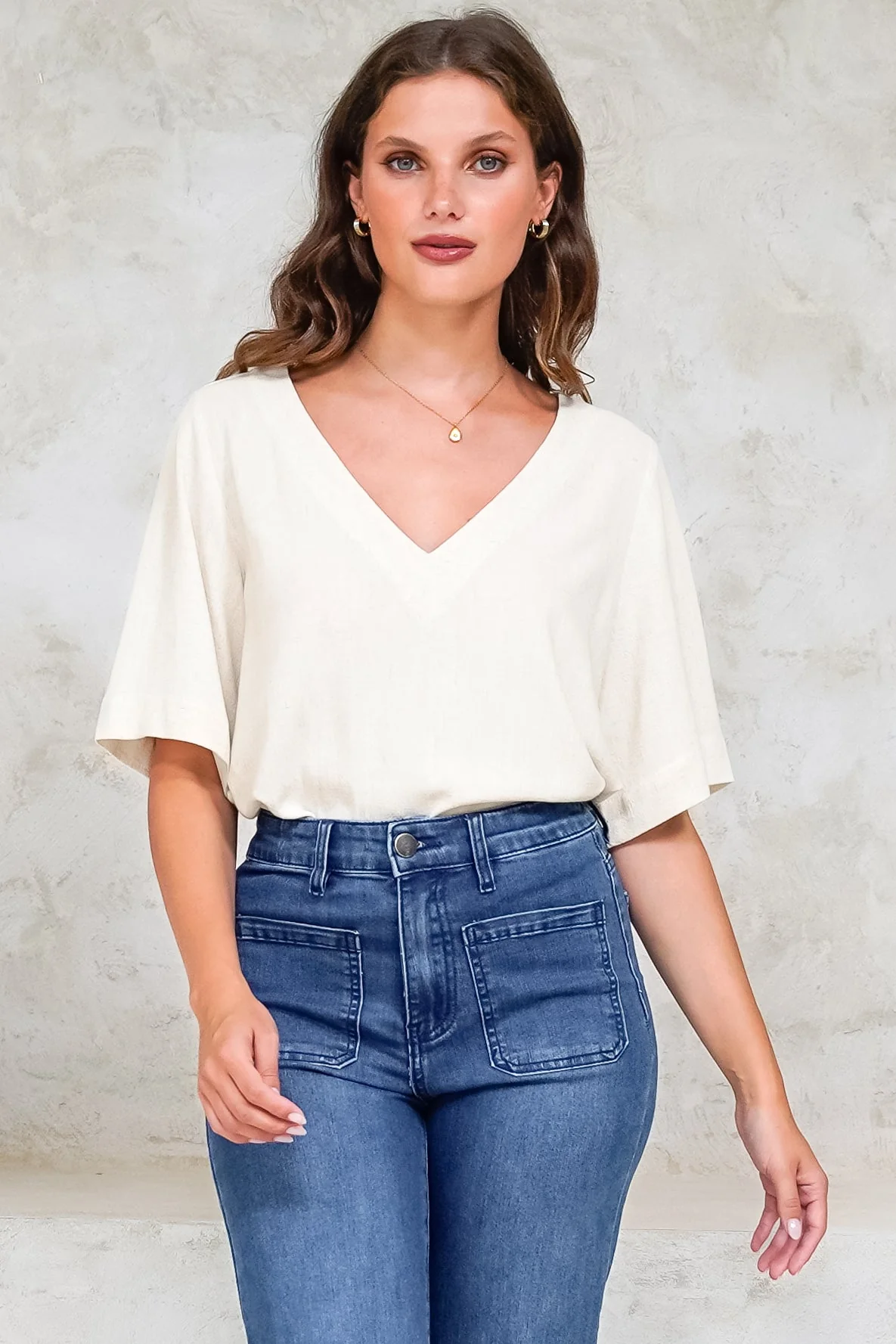 Shandy Top - V-Neck Boxy High Low Top with Short Sleeves in Oatmeal - Image 5