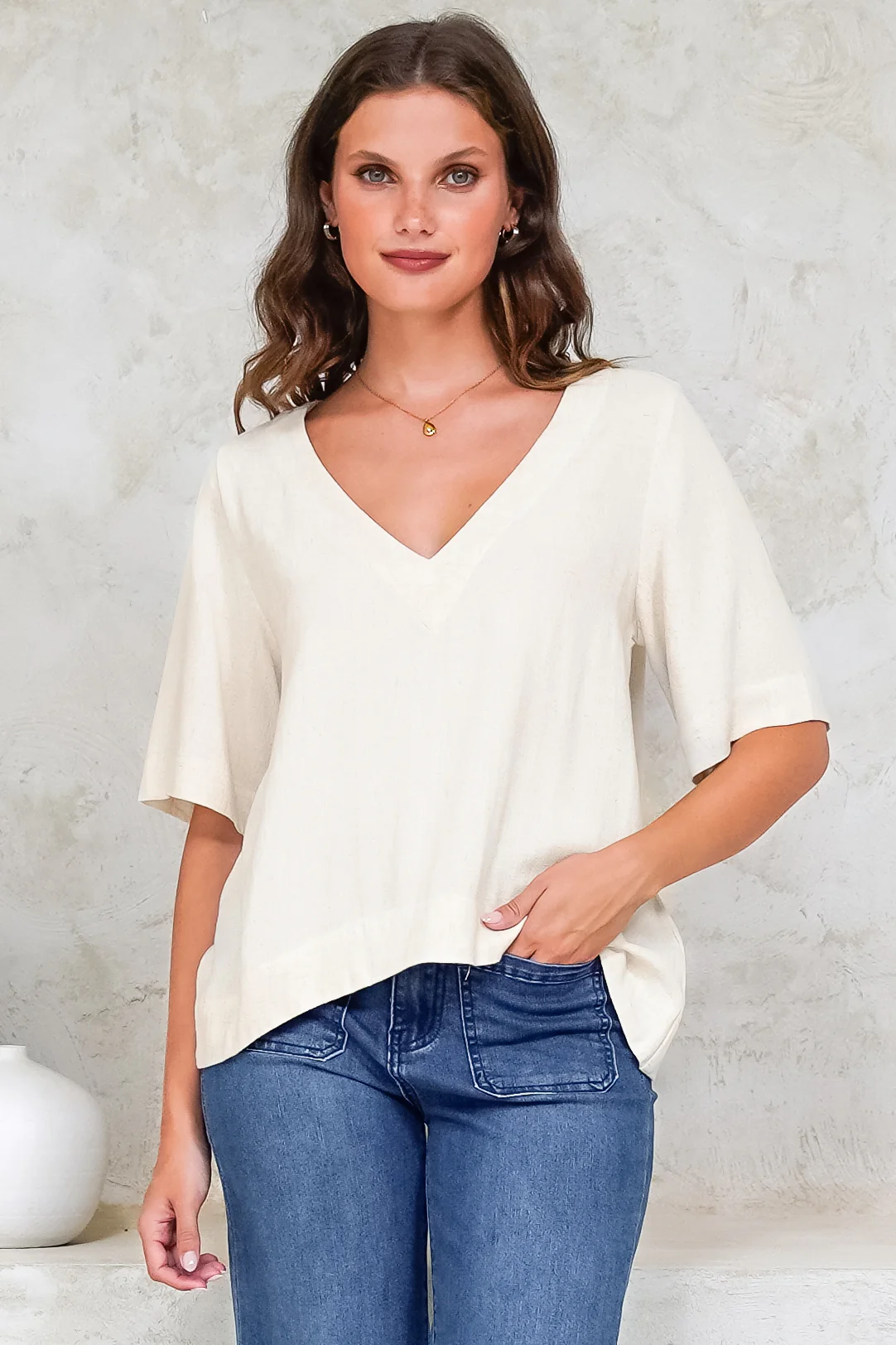 Shandy Top - V-Neck Boxy High Low Top with Short Sleeves in Oatmeal - Image 6