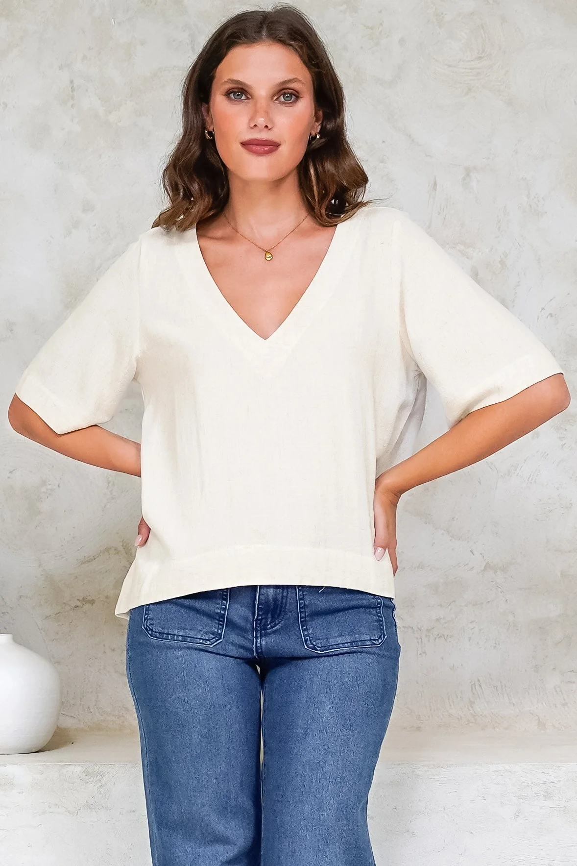 Shandy Top - V-Neck Boxy High Low Top with Short Sleeves in Oatmeal - Image 7