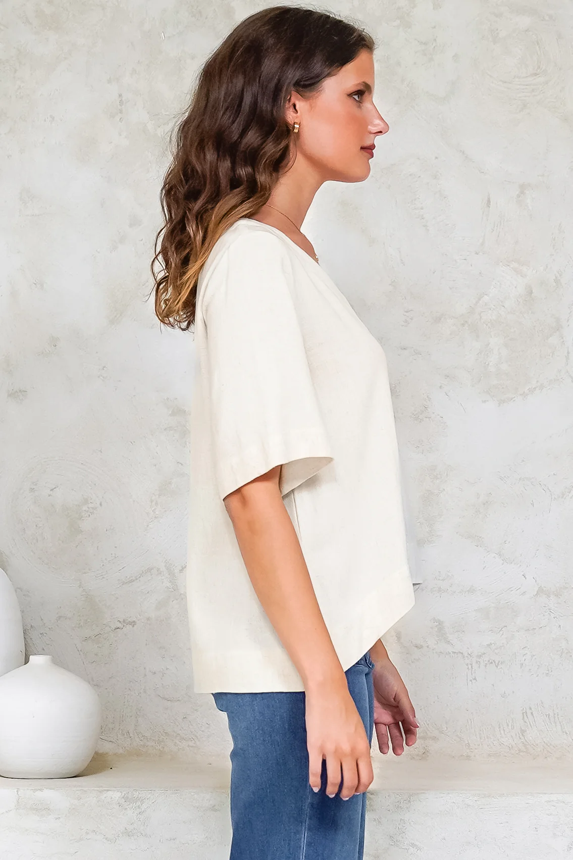 Shandy Top - V-Neck Boxy High Low Top with Short Sleeves in Oatmeal - Image 8