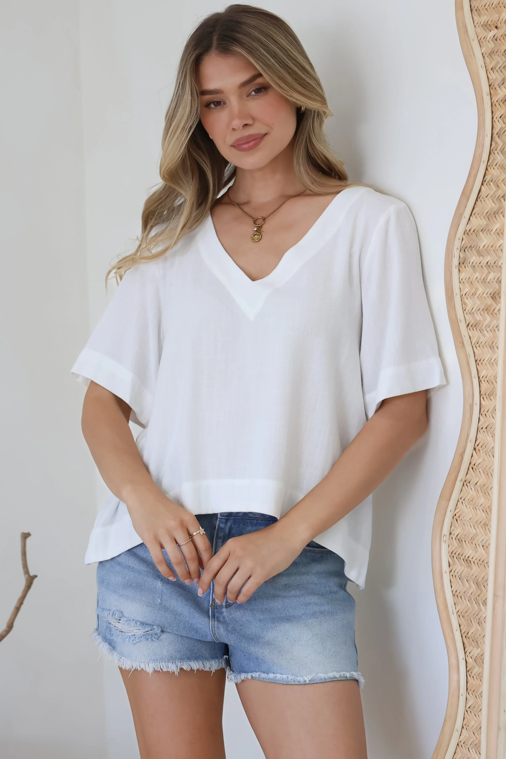 Shandy Top - V-Neck Boxy High Low Top with Short Sleeves in White - Image 2