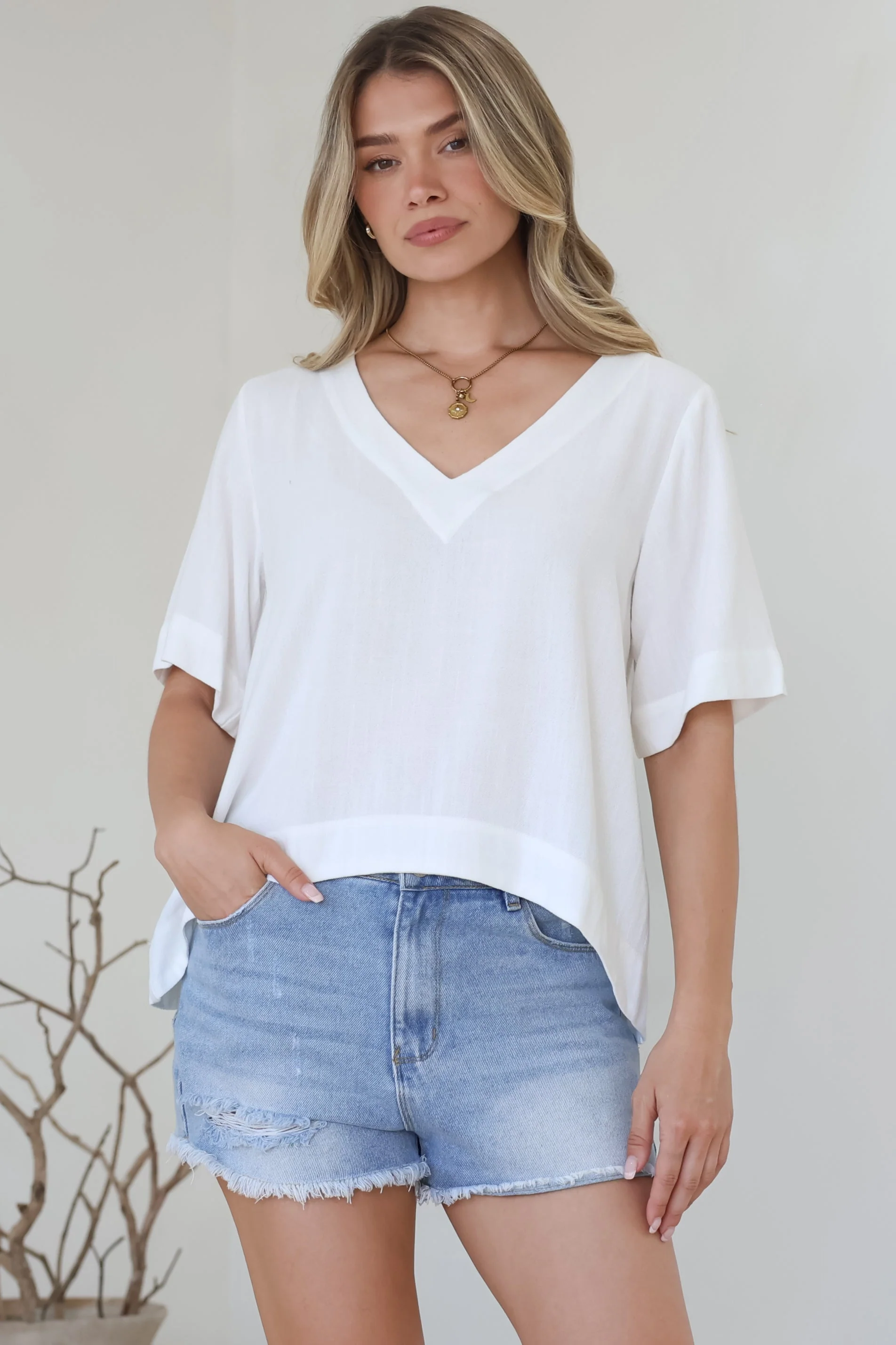 Shandy Top - V-Neck Boxy High Low Top with Short Sleeves in White - Image 3