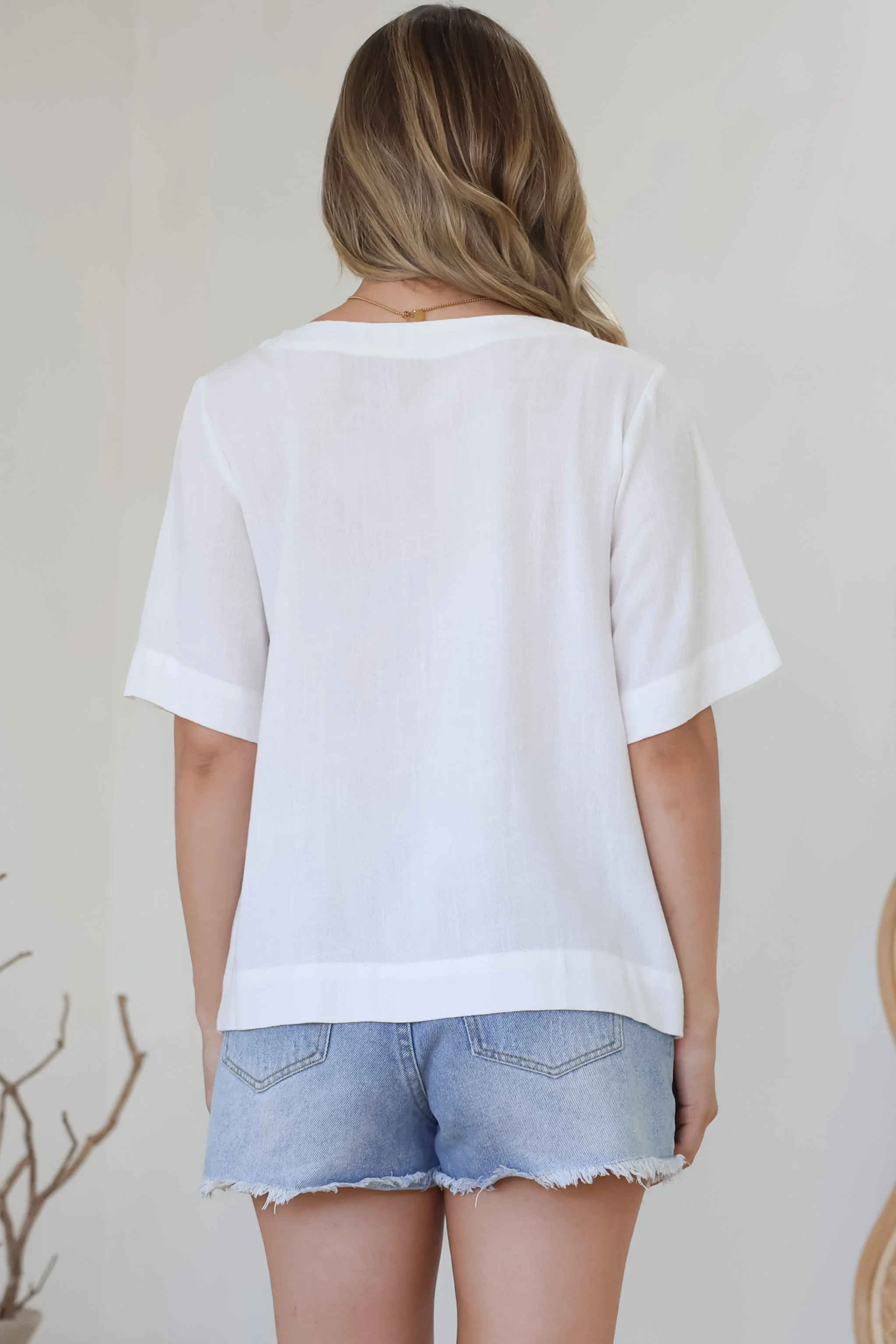 Shandy Top - V-Neck Boxy High Low Top with Short Sleeves in White - Image 8