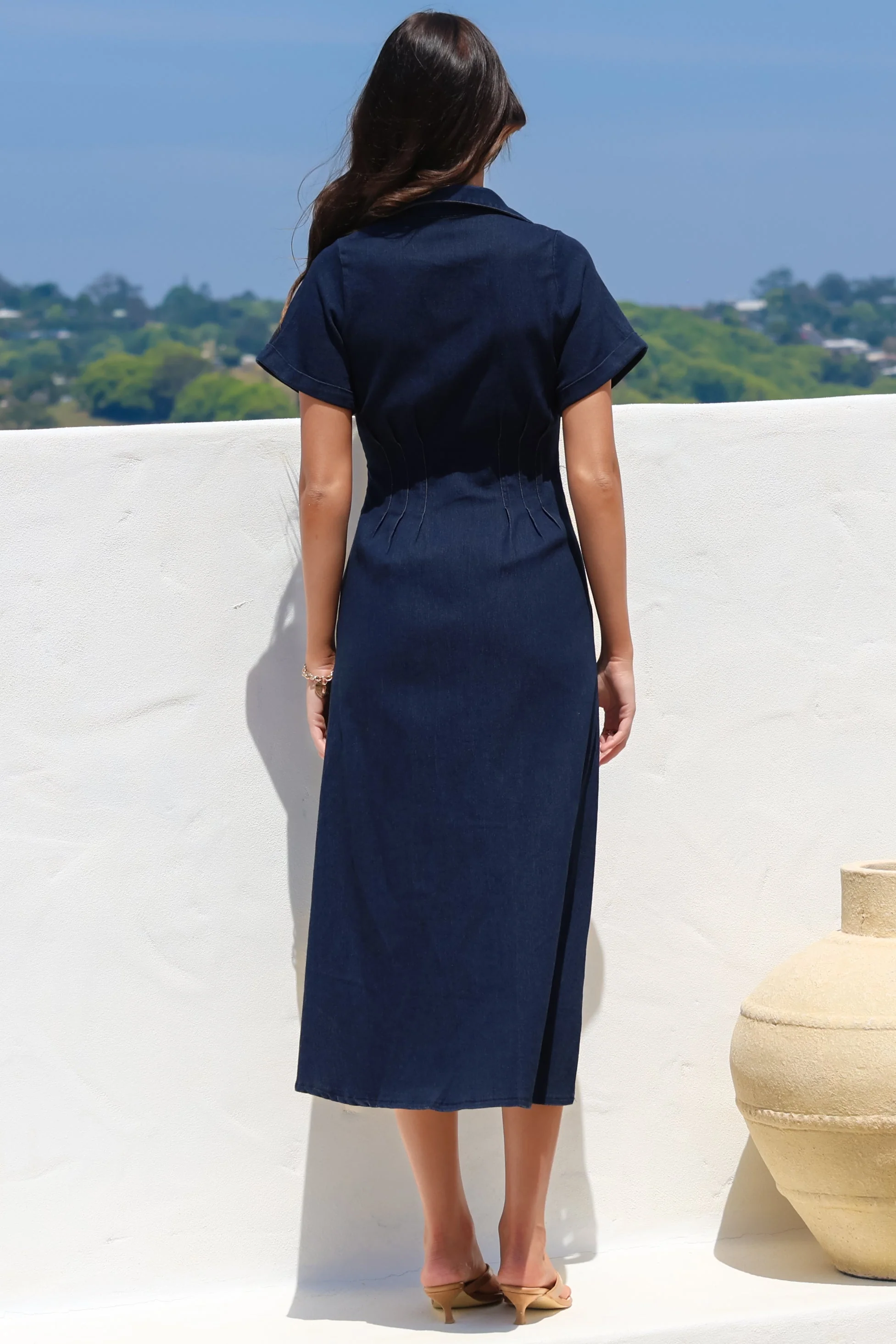 Sharlan Midi Dress - A-Line Button Detailed Denim Dress in Dark Denim - Image 10
