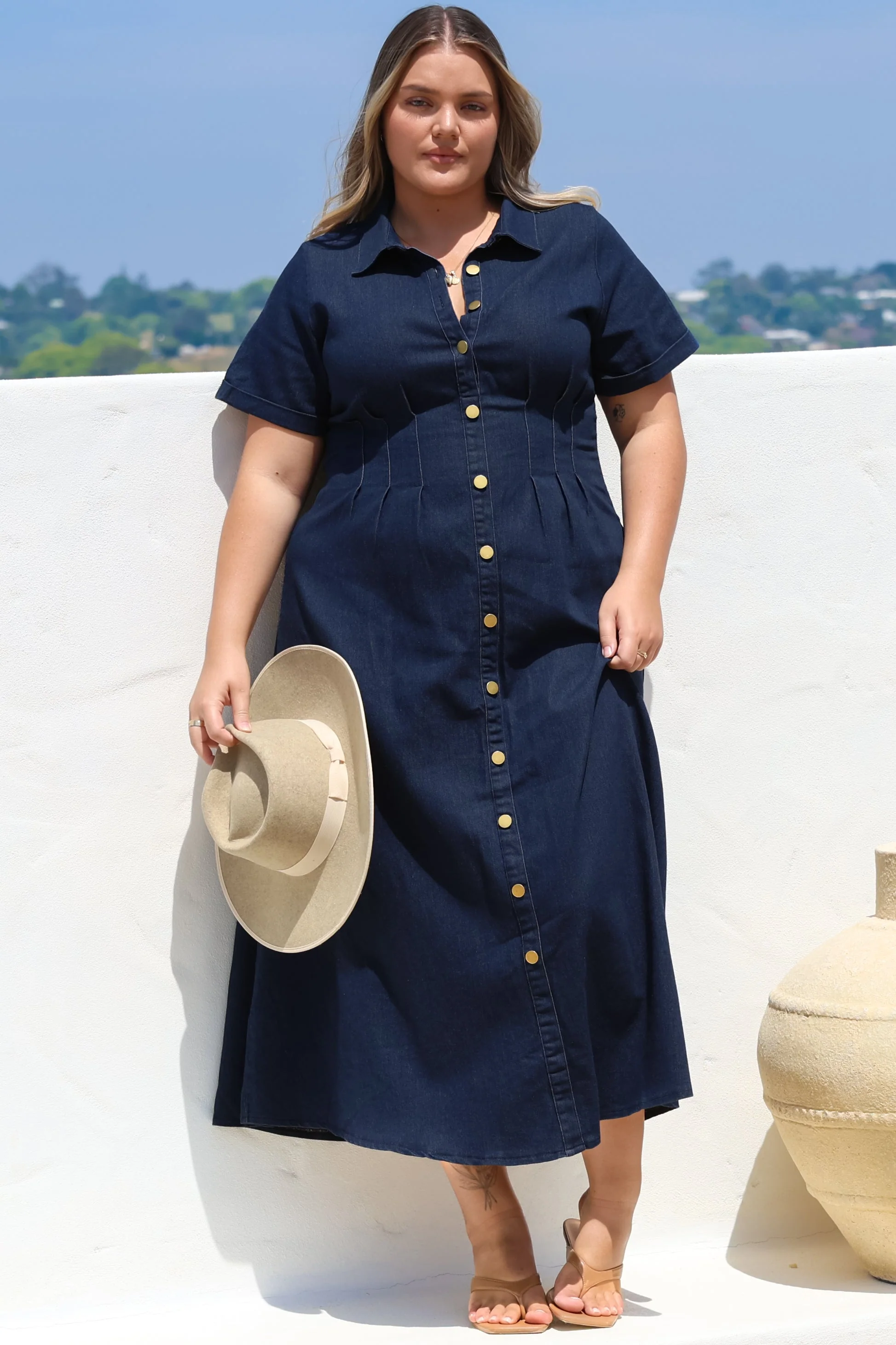Sharlan Midi Dress - A-Line Button Detailed Denim Dress in Dark Denim - Image 2