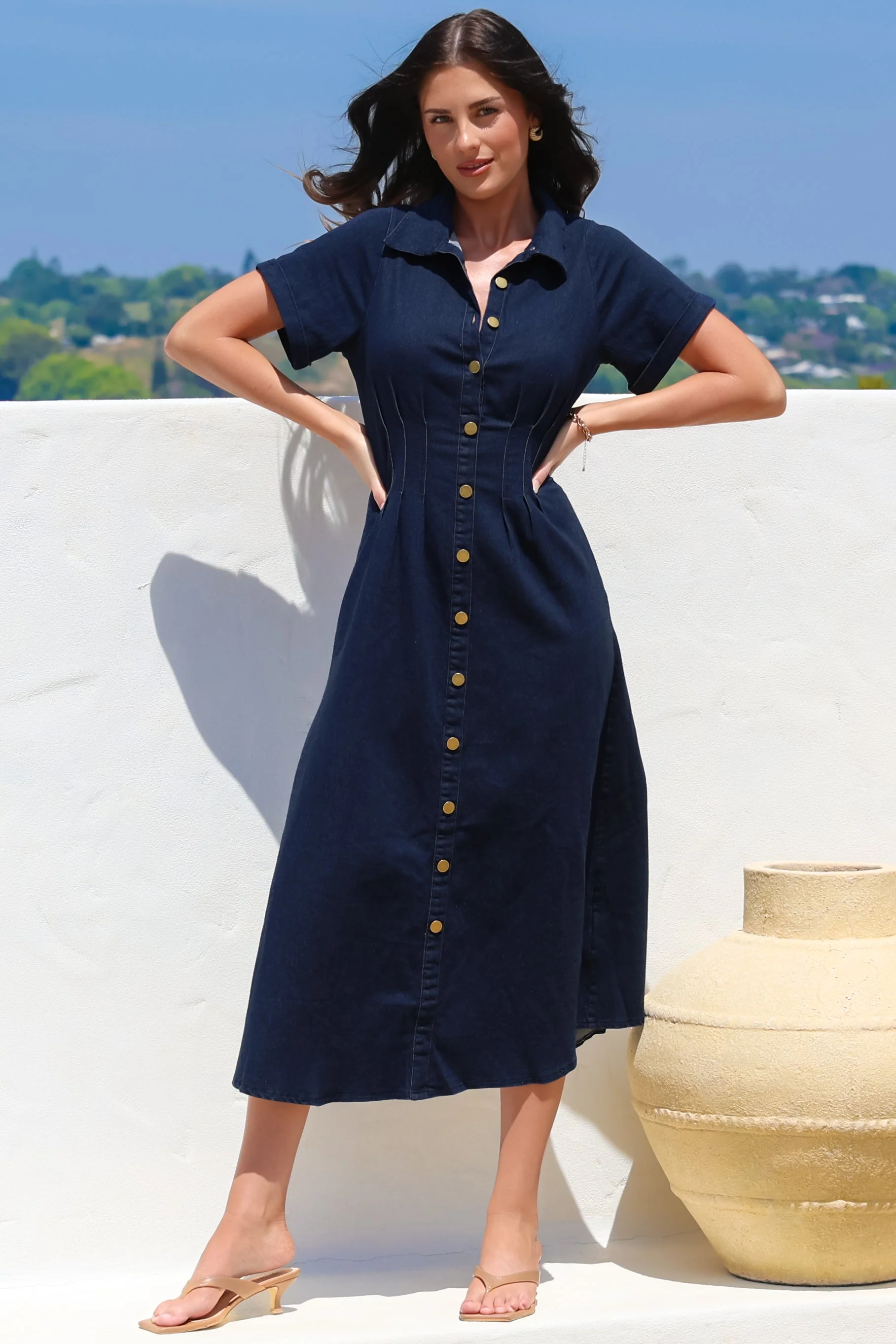 Sharlan Midi Dress - A-Line Button Detailed Denim Dress in Dark Denim - Image 4
