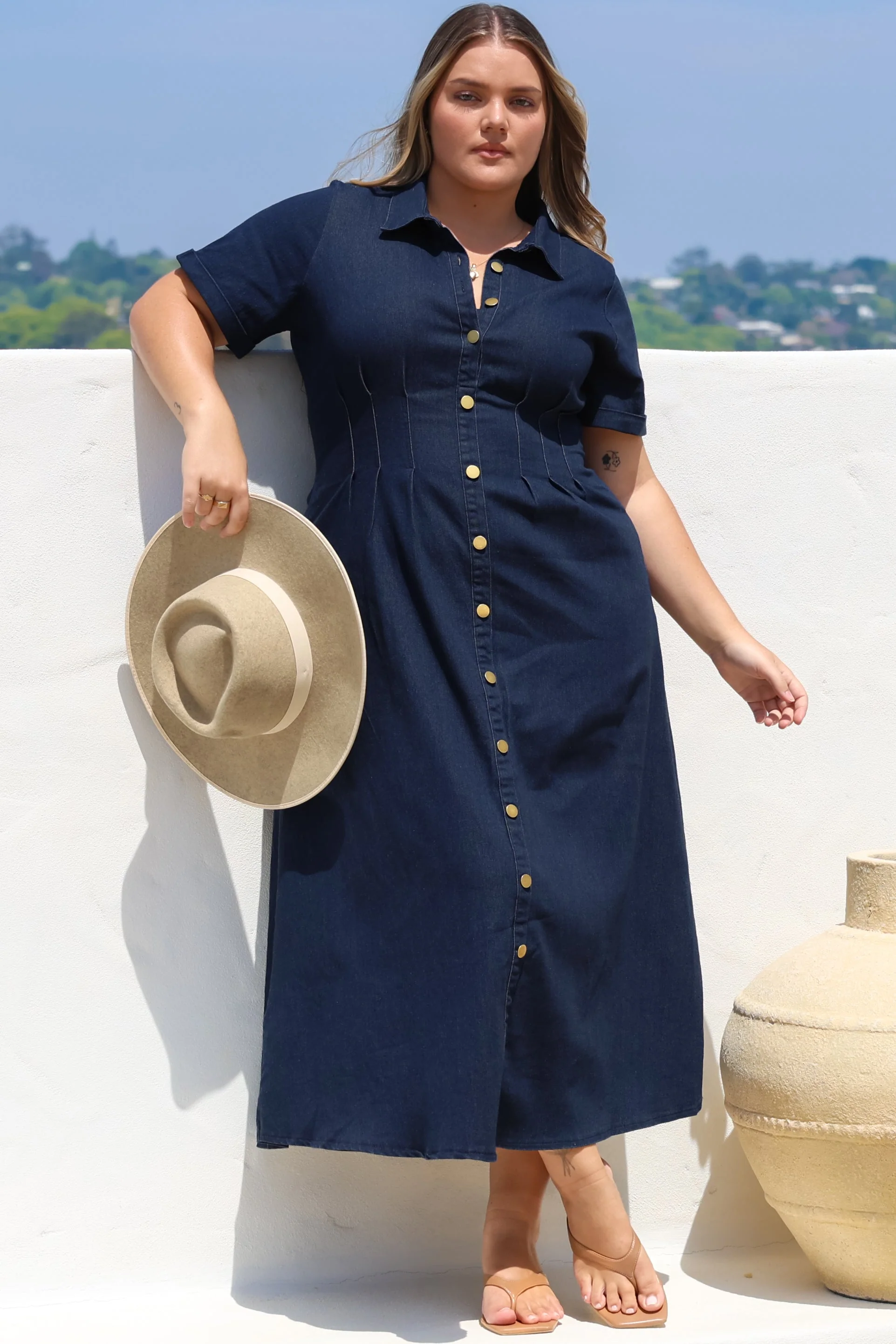 Sharlan Midi Dress - A-Line Button Detailed Denim Dress in Dark Denim - Image 5