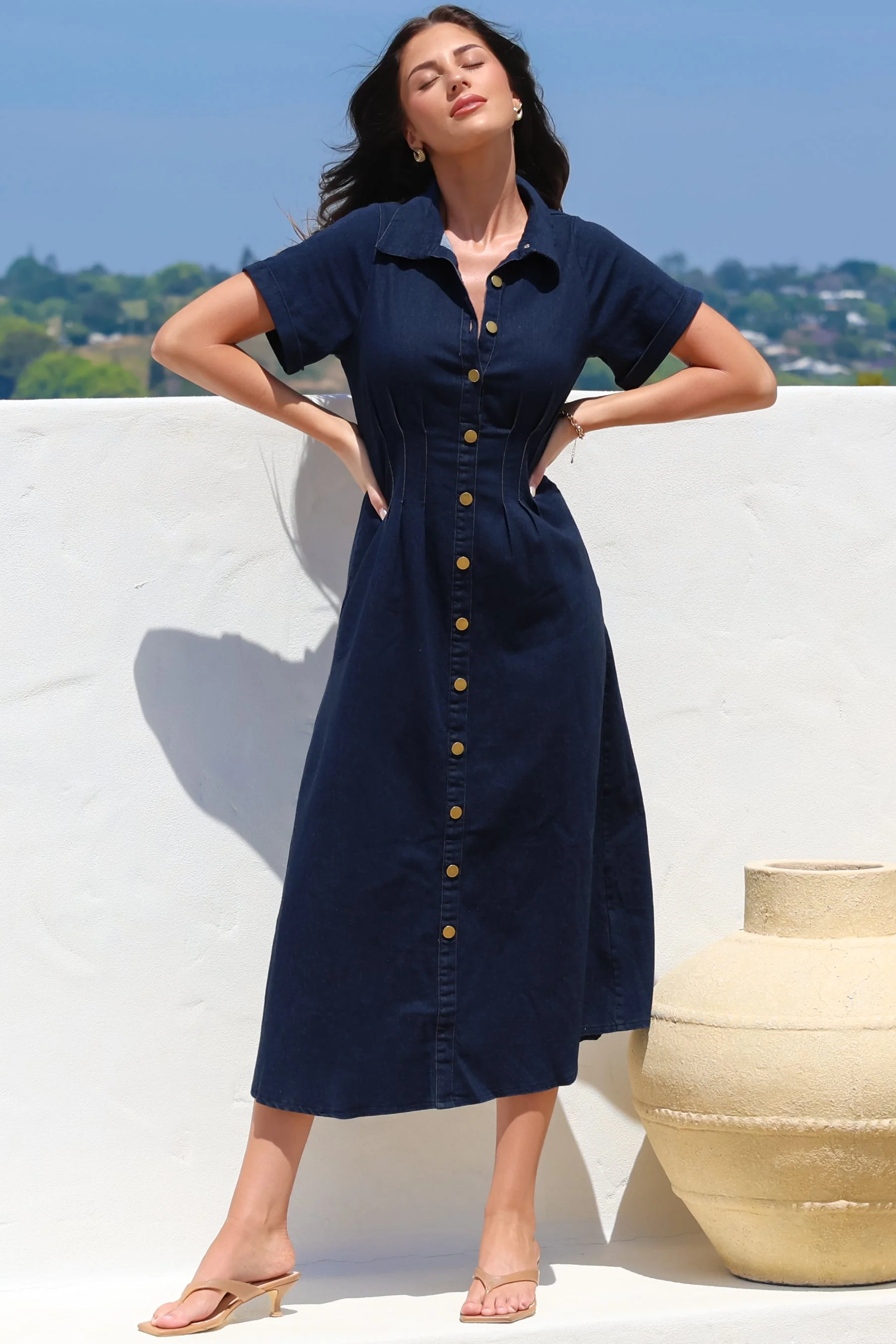 Sharlan Midi Dress - A-Line Button Detailed Denim Dress in Dark Denim - Image 7
