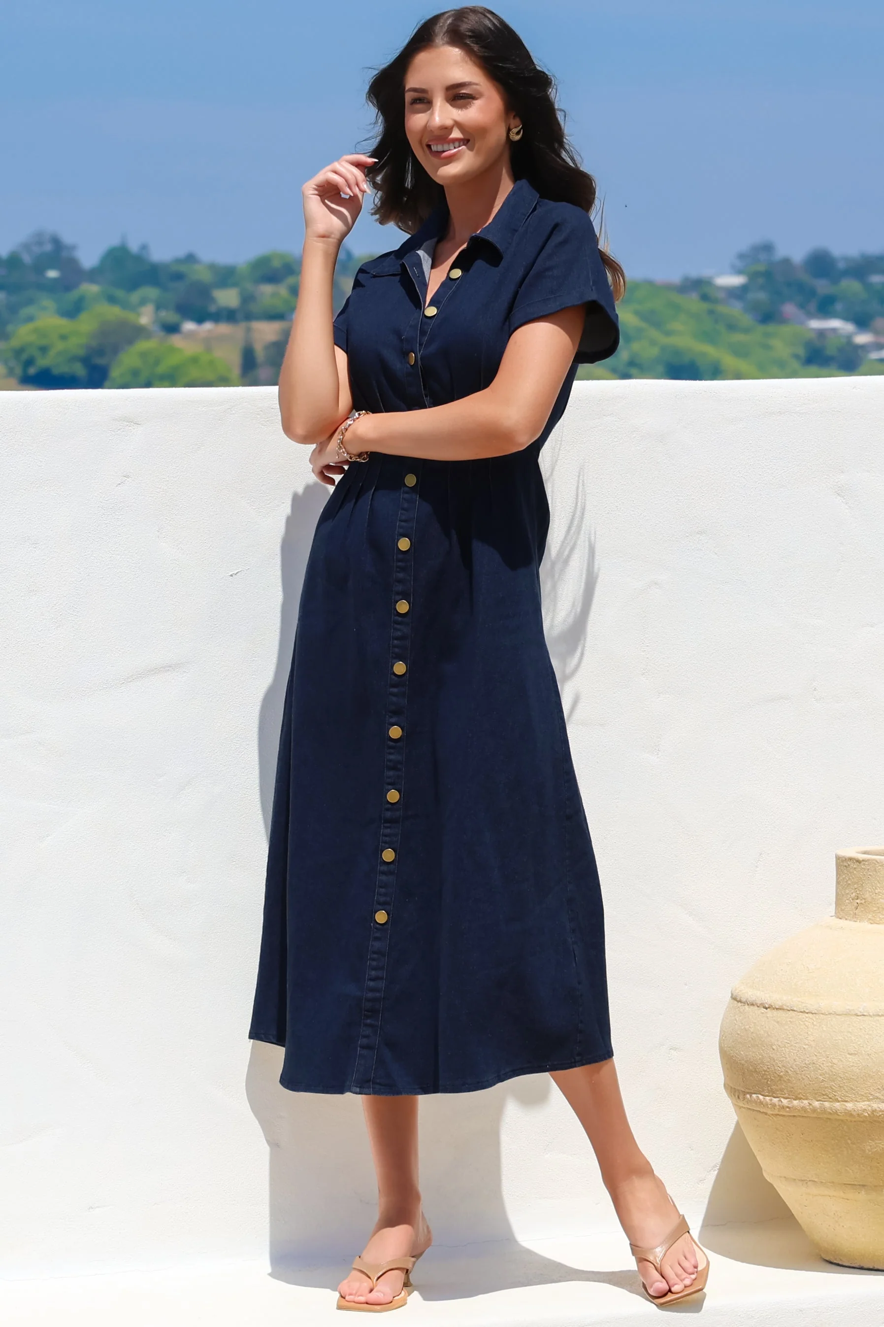 Sharlan Midi Dress - A-Line Button Detailed Denim Dress in Dark Denim - Image 8