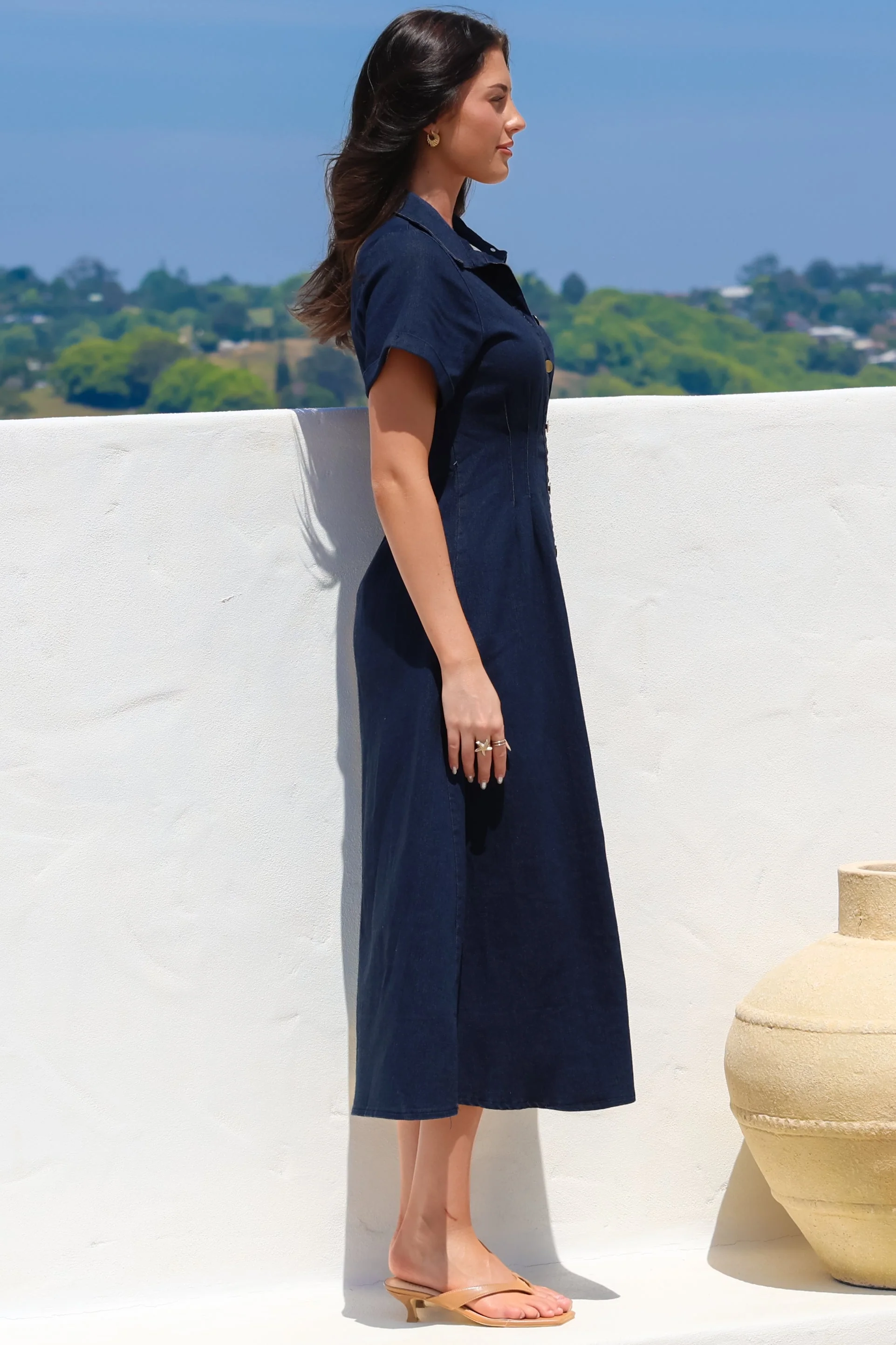 Sharlan Midi Dress - A-Line Button Detailed Denim Dress in Dark Denim - Image 9