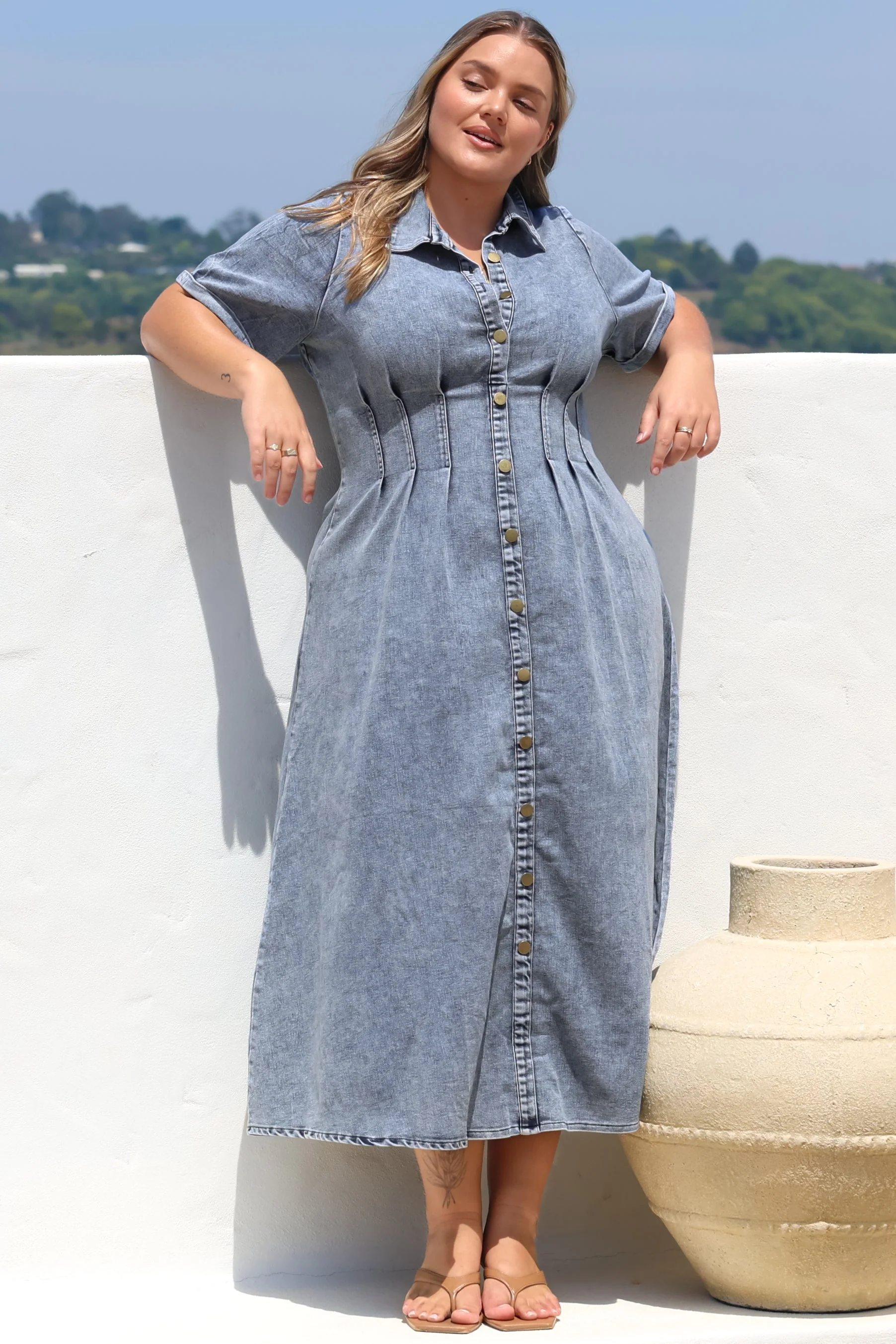 Sharlan Midi Dress - A-Line Button Detailed Denim Dress in Mid Denim Wash - Image 3