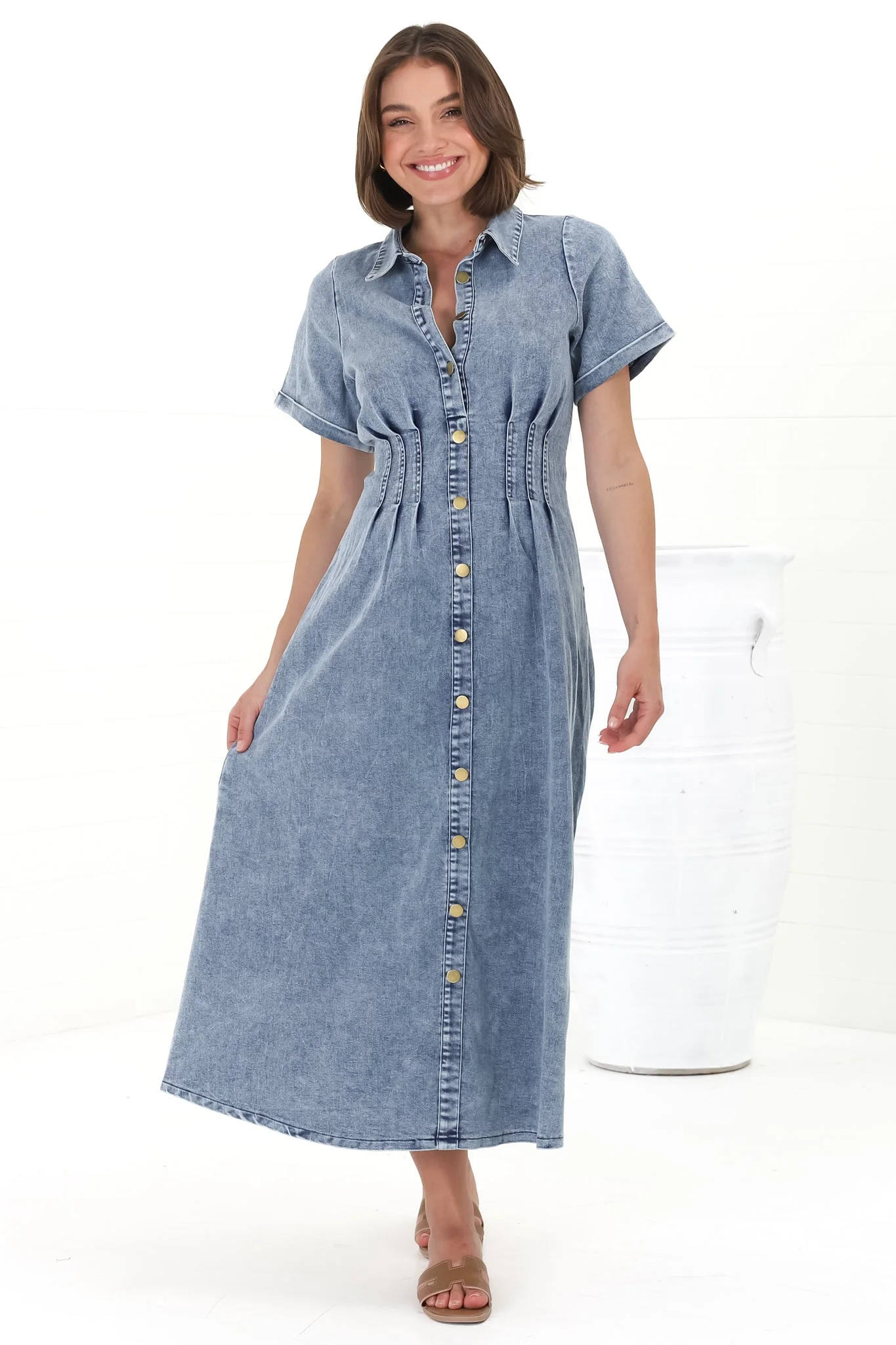 Sharlan Midi Dress - A-Line Button Detailed Denim Dress in Mid Denim Wash - Image 4