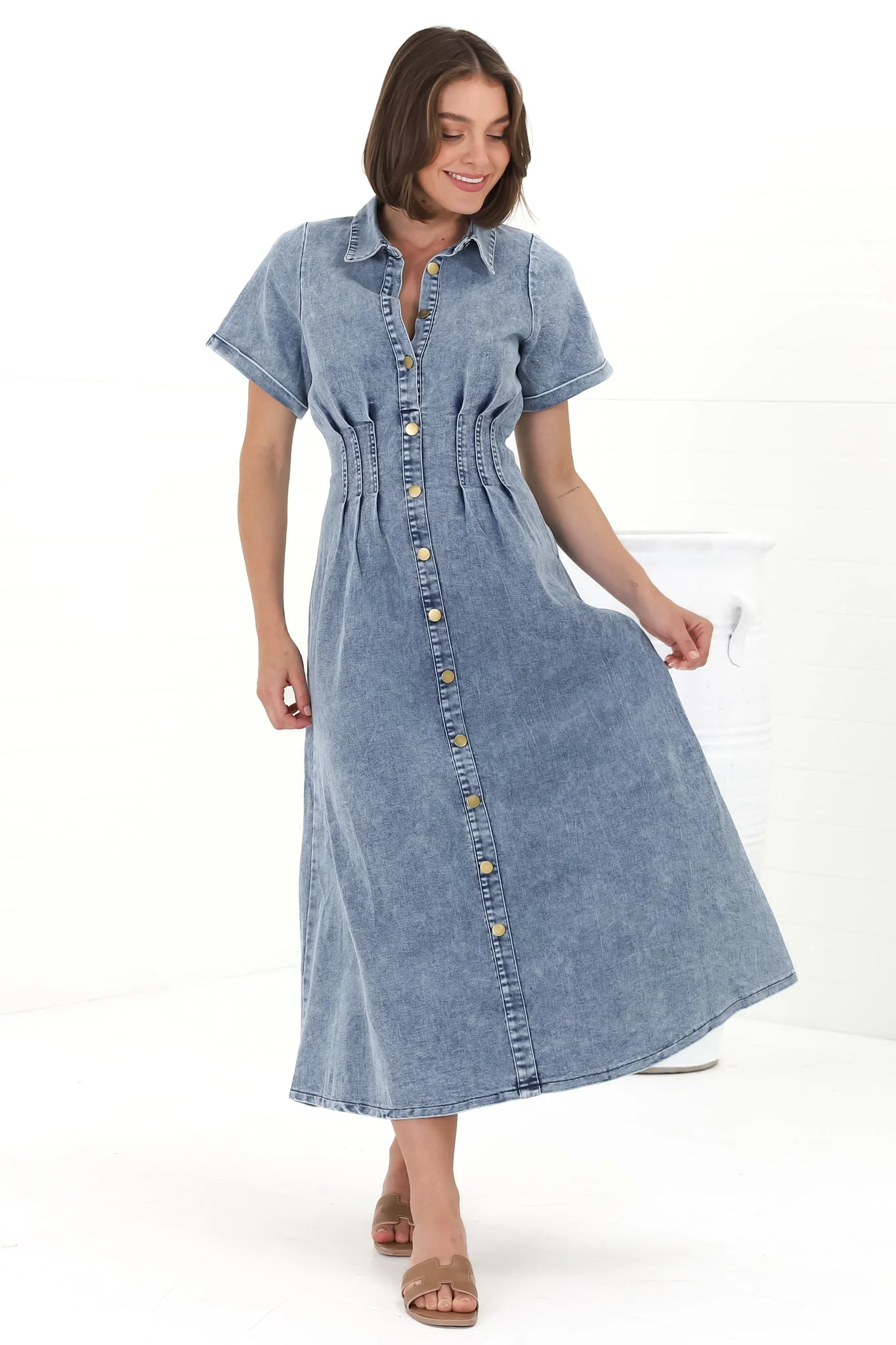 Sharlan Midi Dress - A-Line Button Detailed Denim Dress in Mid Denim Wash - Image 6