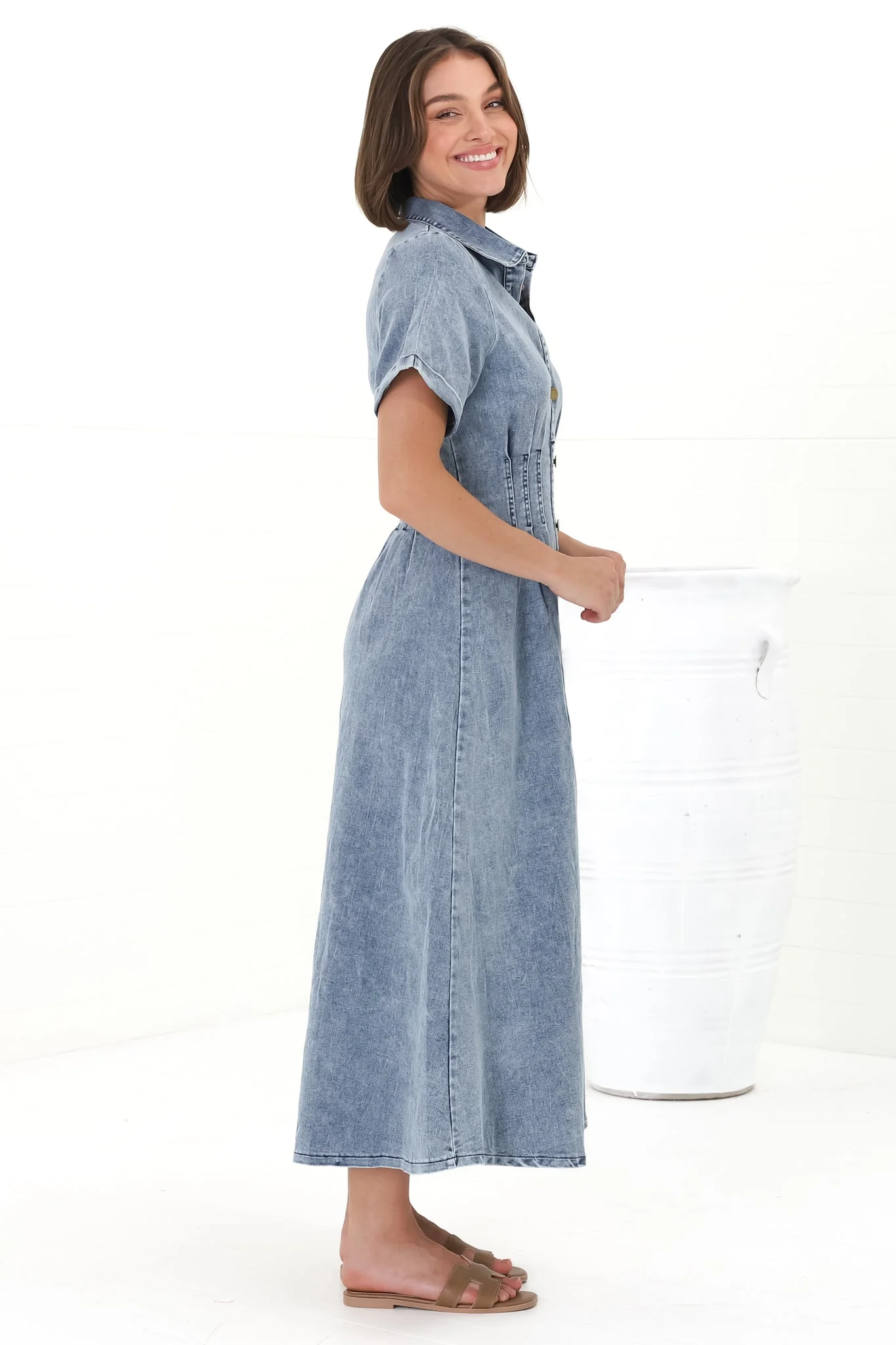 Sharlan Midi Dress - A-Line Button Detailed Denim Dress in Mid Denim Wash - Image 7