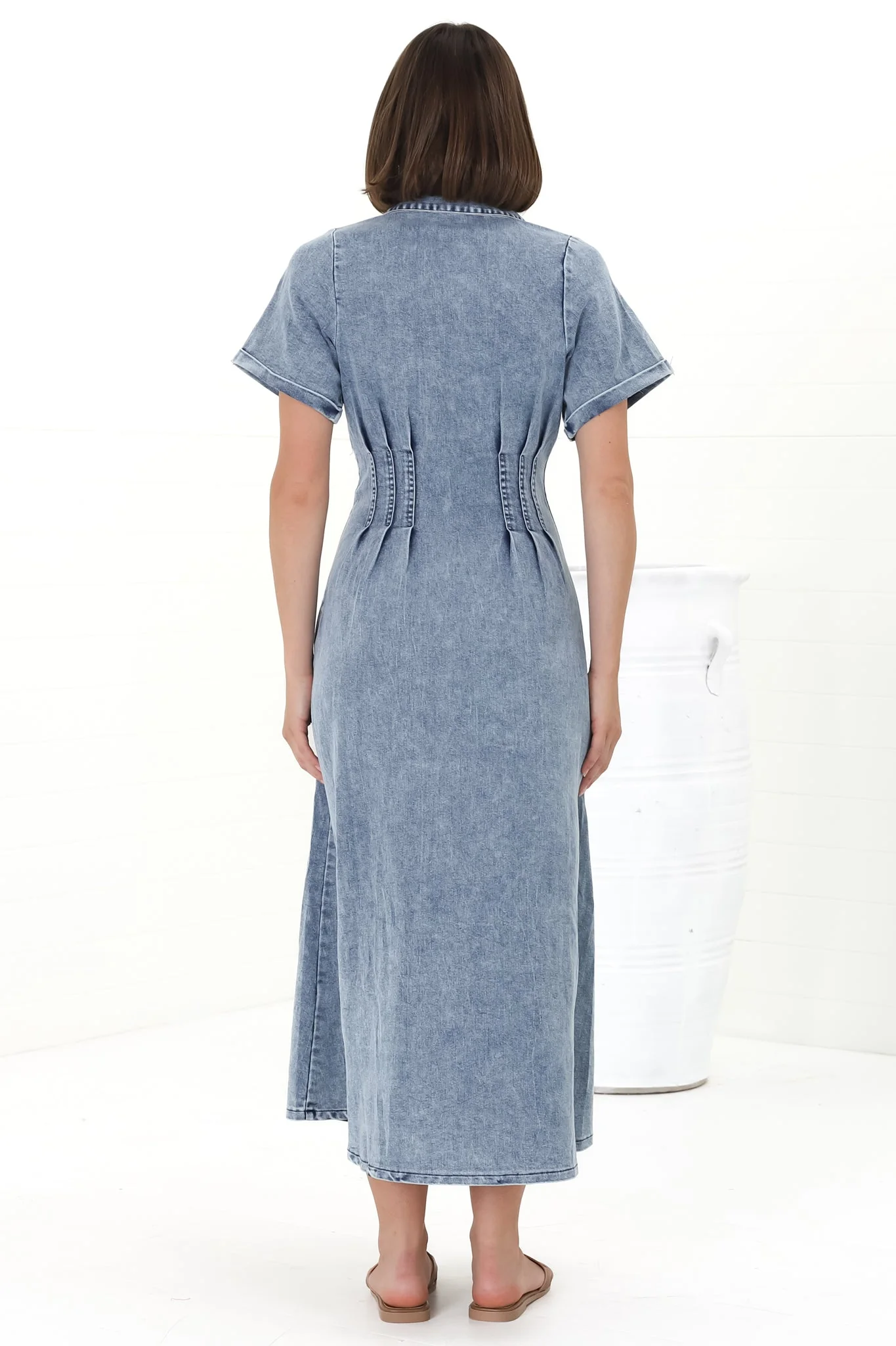 Sharlan Midi Dress - A-Line Button Detailed Denim Dress in Mid Denim Wash - Image 8