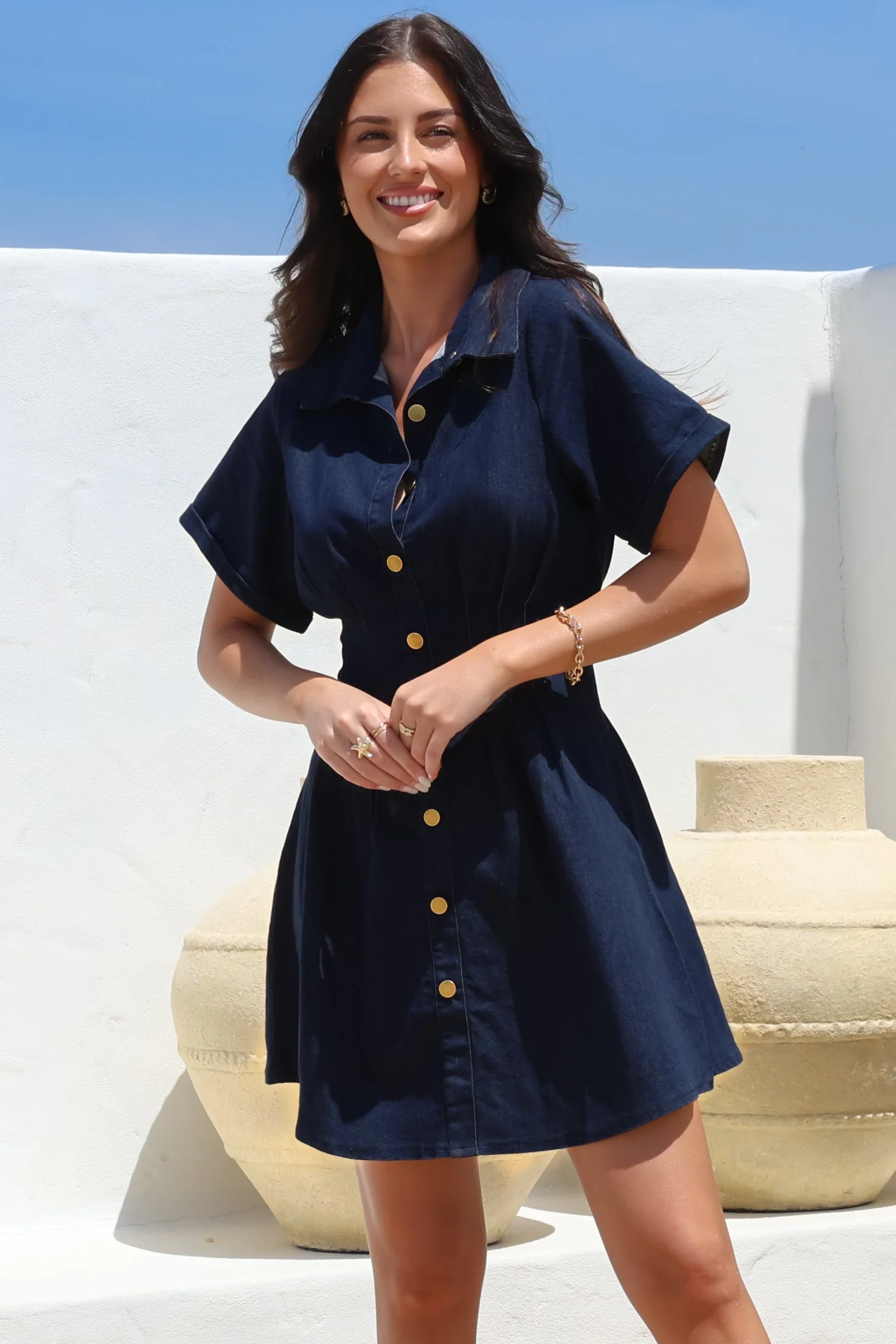 Sharlan Mini Dress - A-Line Button Detailed Denim Dress in Dark Denim - Image 7