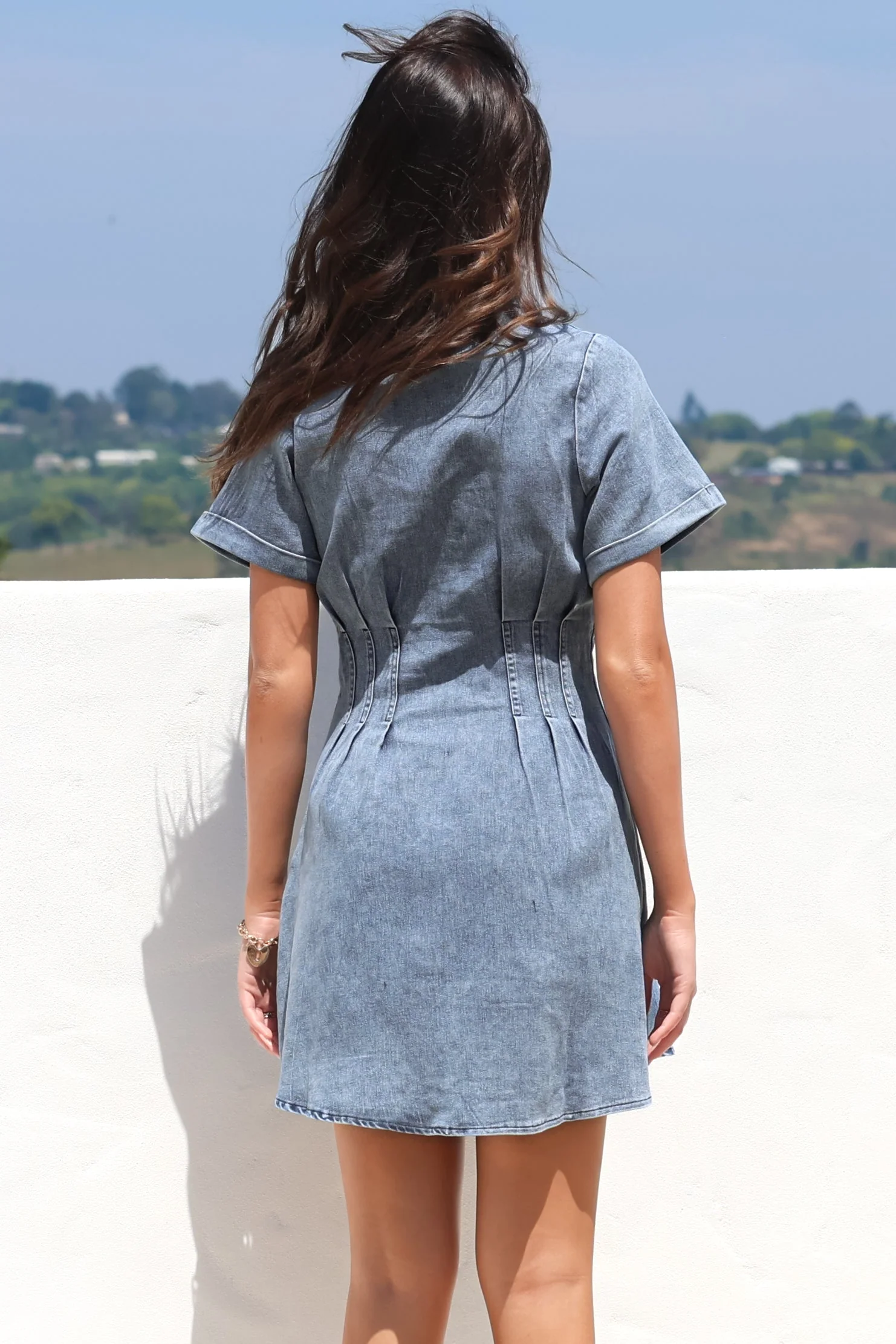 Sharlan Mini Dress - A-Line Button Detailed Denim Dress in Mid Denim Wash - Image 10