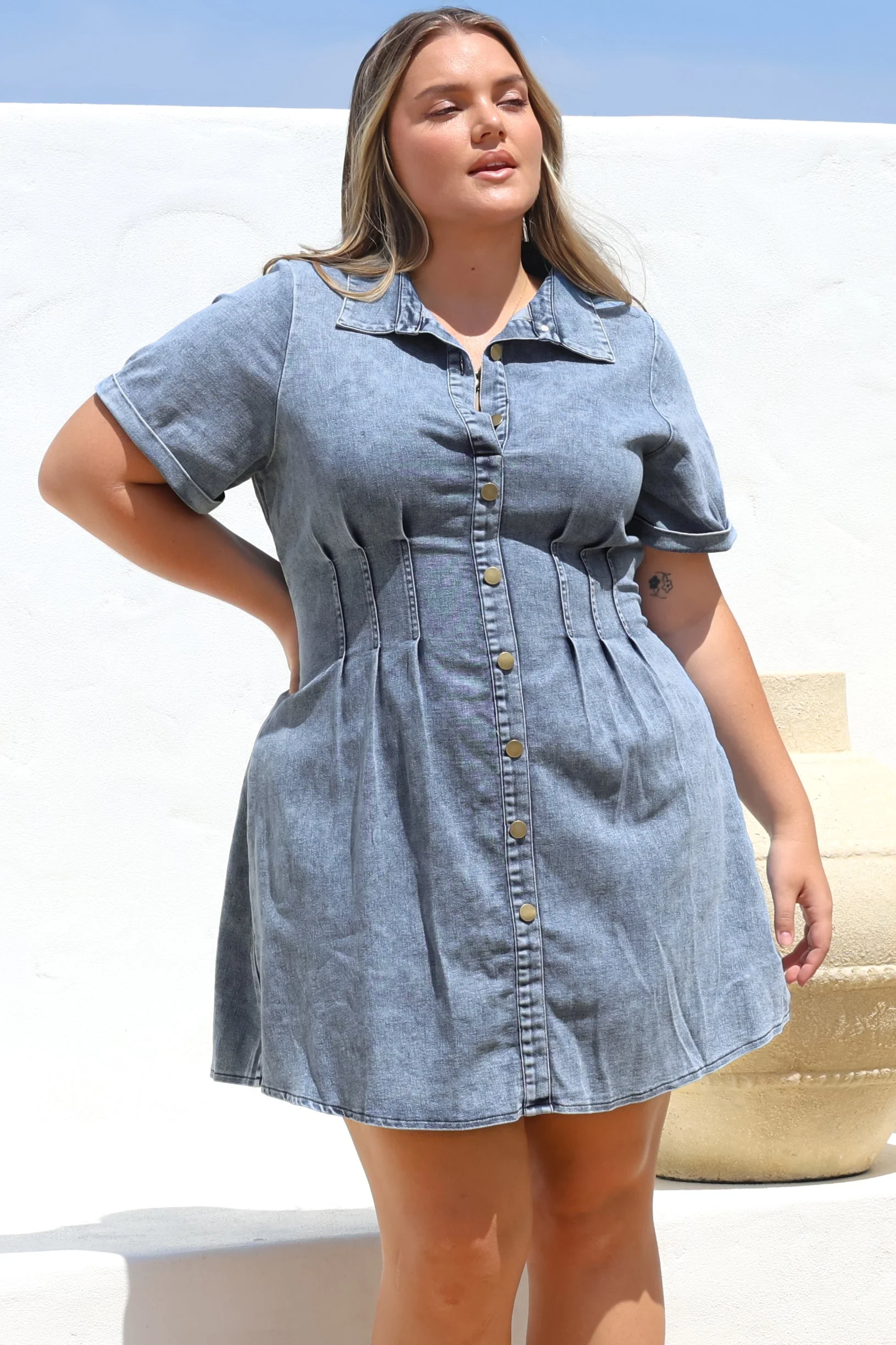 Sharlan Mini Dress - A-Line Button Detailed Denim Dress in Mid Denim Wash - Image 2