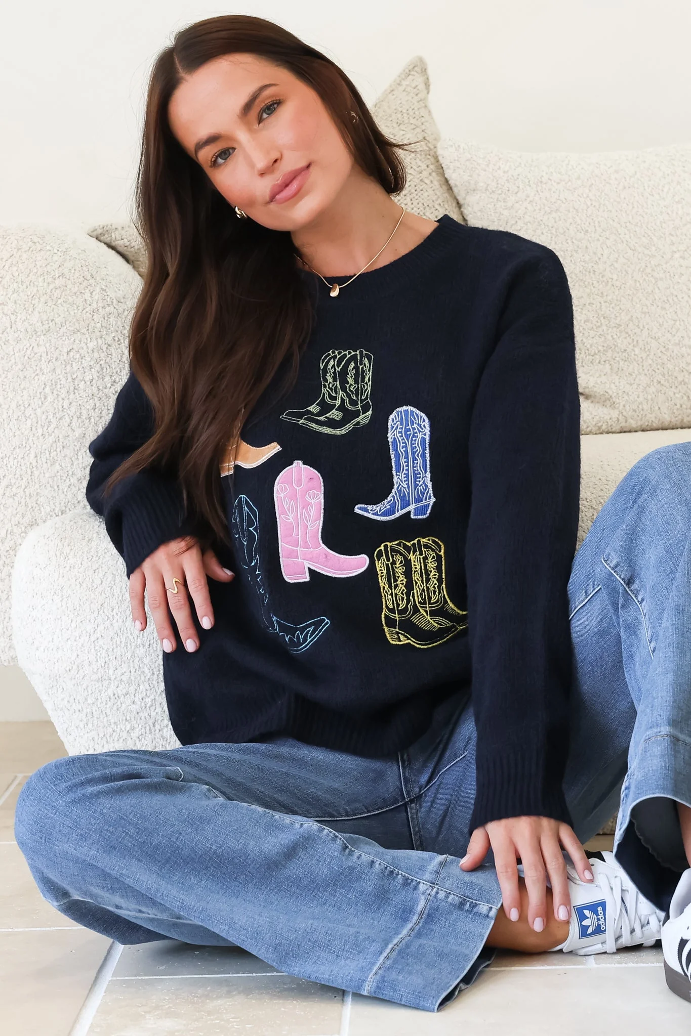 Shelby Jumper - Cowgirl Boot Graphic Long Sleeve Knit in Navy - Image 3