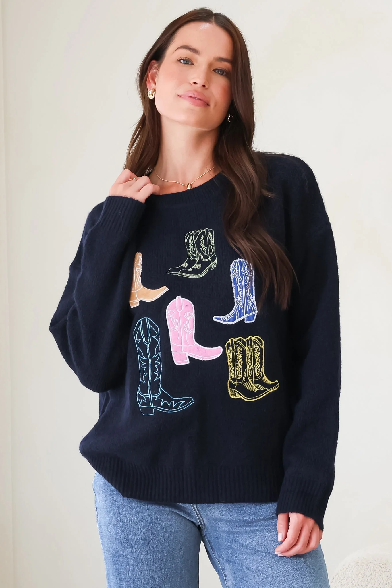 Shelby Jumper - Cowgirl Boot Graphic Long Sleeve Knit in Navy - Image 4