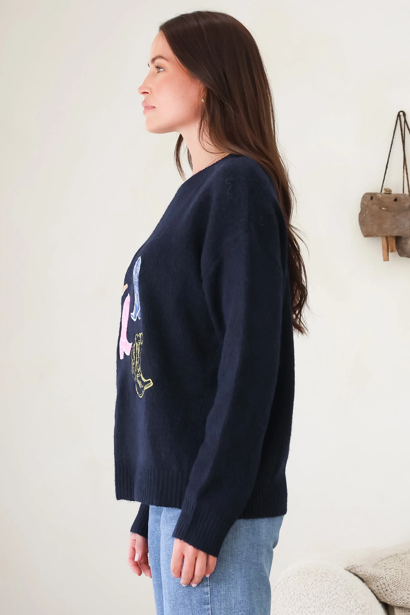 Shelby Jumper - Cowgirl Boot Graphic Long Sleeve Knit in Navy - Image 5