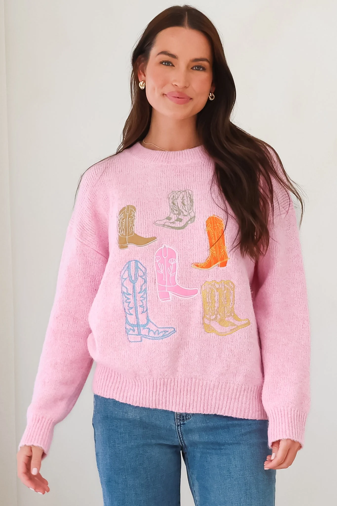 Shelby Jumper - Cowgirl Boot Graphic Long Sleeve Knit in Pink - Image 3