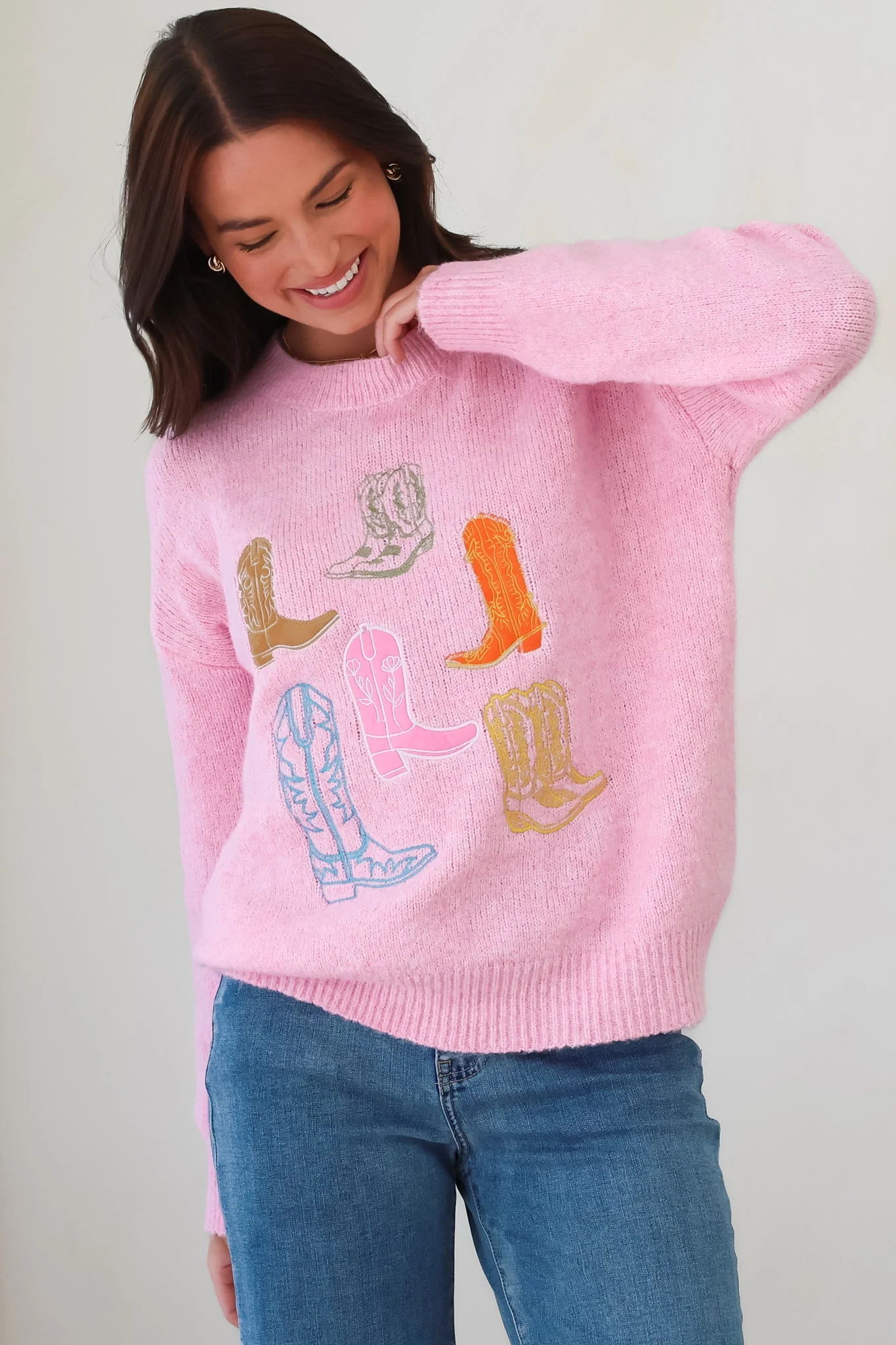 Shelby Jumper - Cowgirl Boot Graphic Long Sleeve Knit in Pink - Image 4