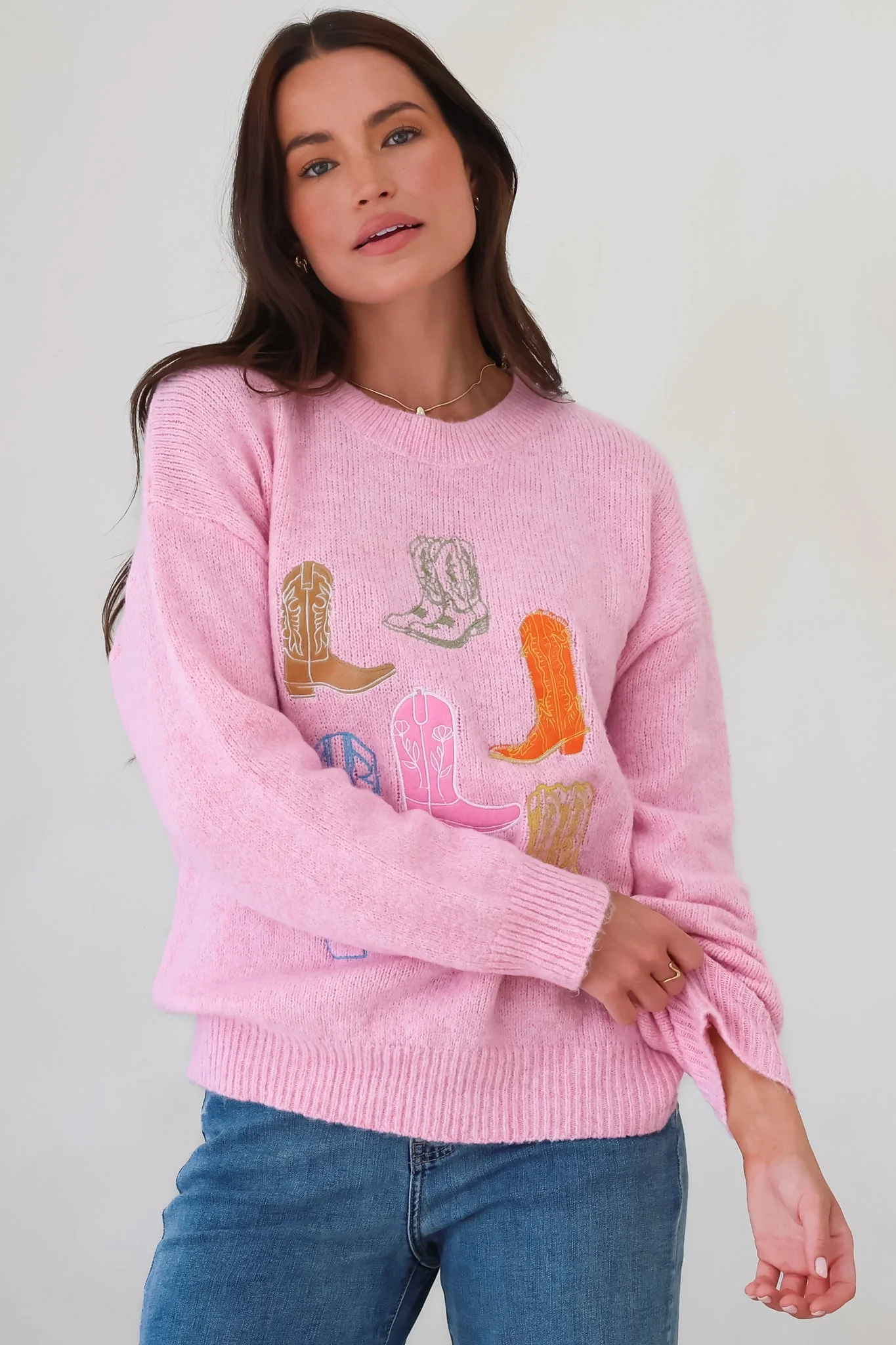 Shelby Jumper - Cowgirl Boot Graphic Long Sleeve Knit in Pink - Image 5