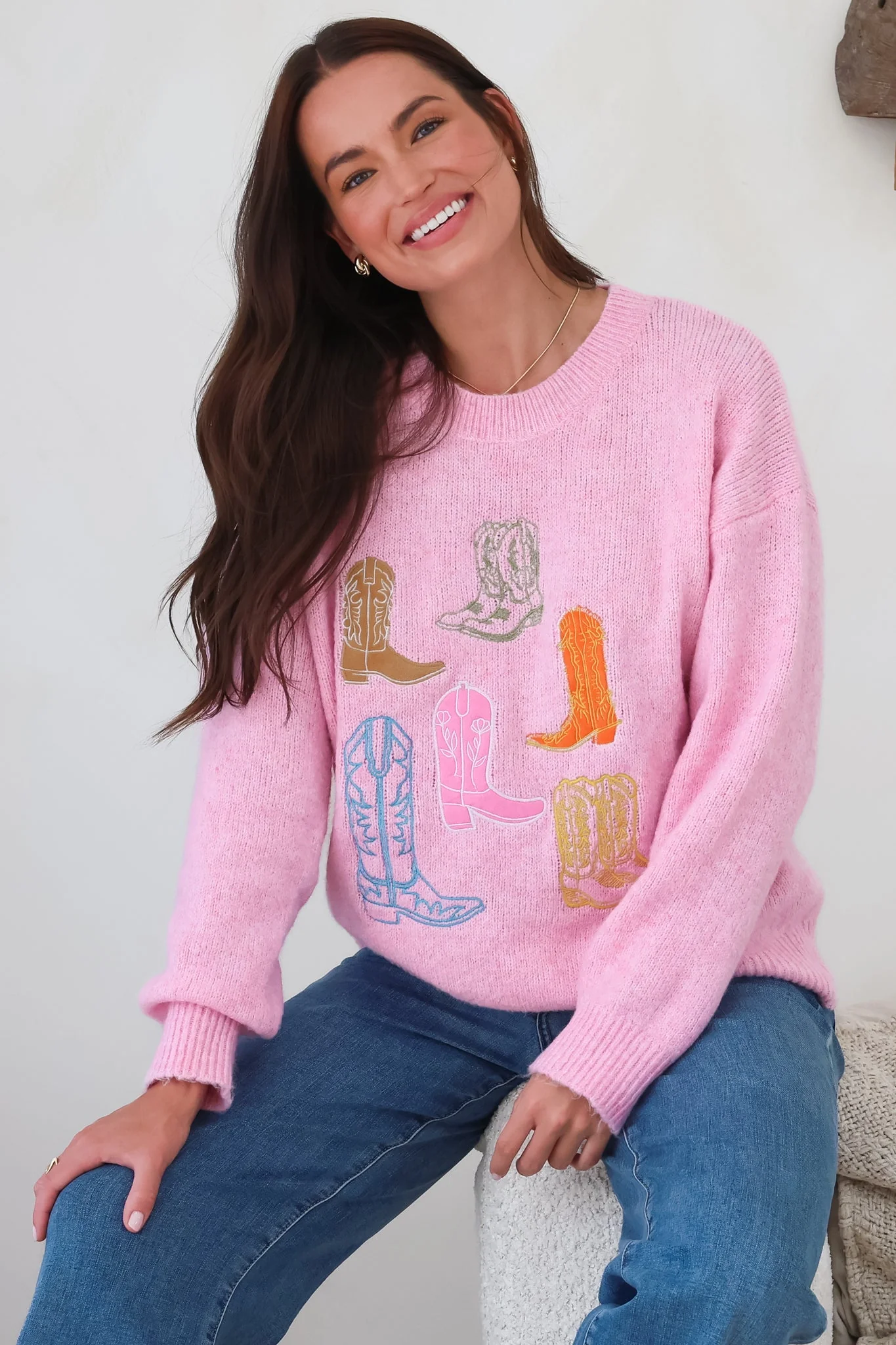 Shelby Jumper - Cowgirl Boot Graphic Long Sleeve Knit in Pink - Image 6