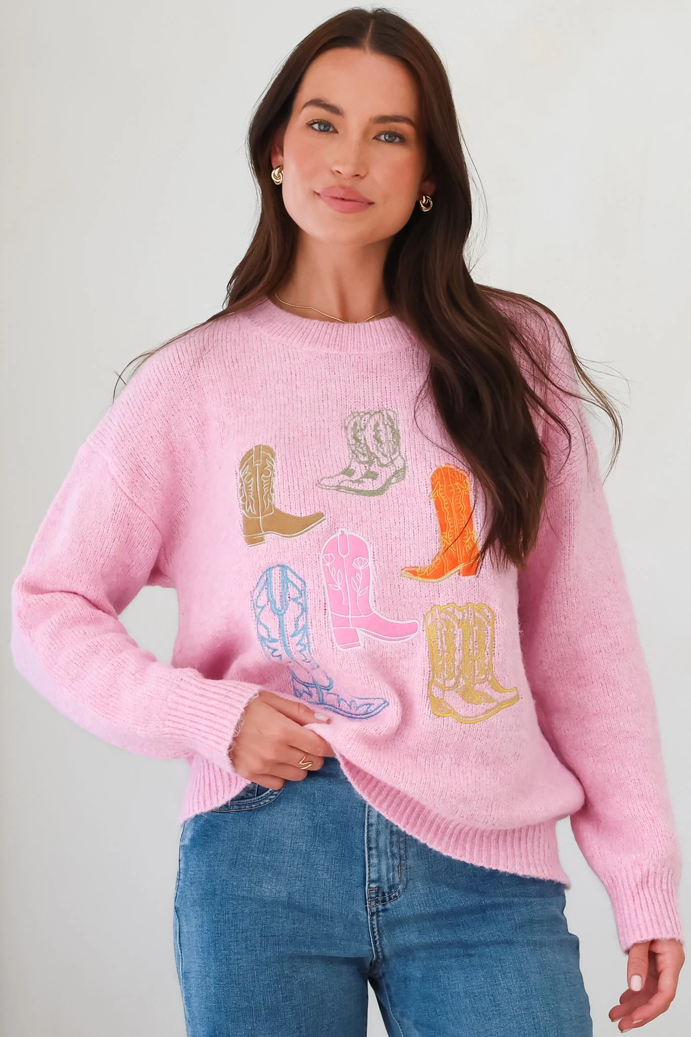 Shelby Jumper - Cowgirl Boot Graphic Long Sleeve Knit in Pink - Image 7
