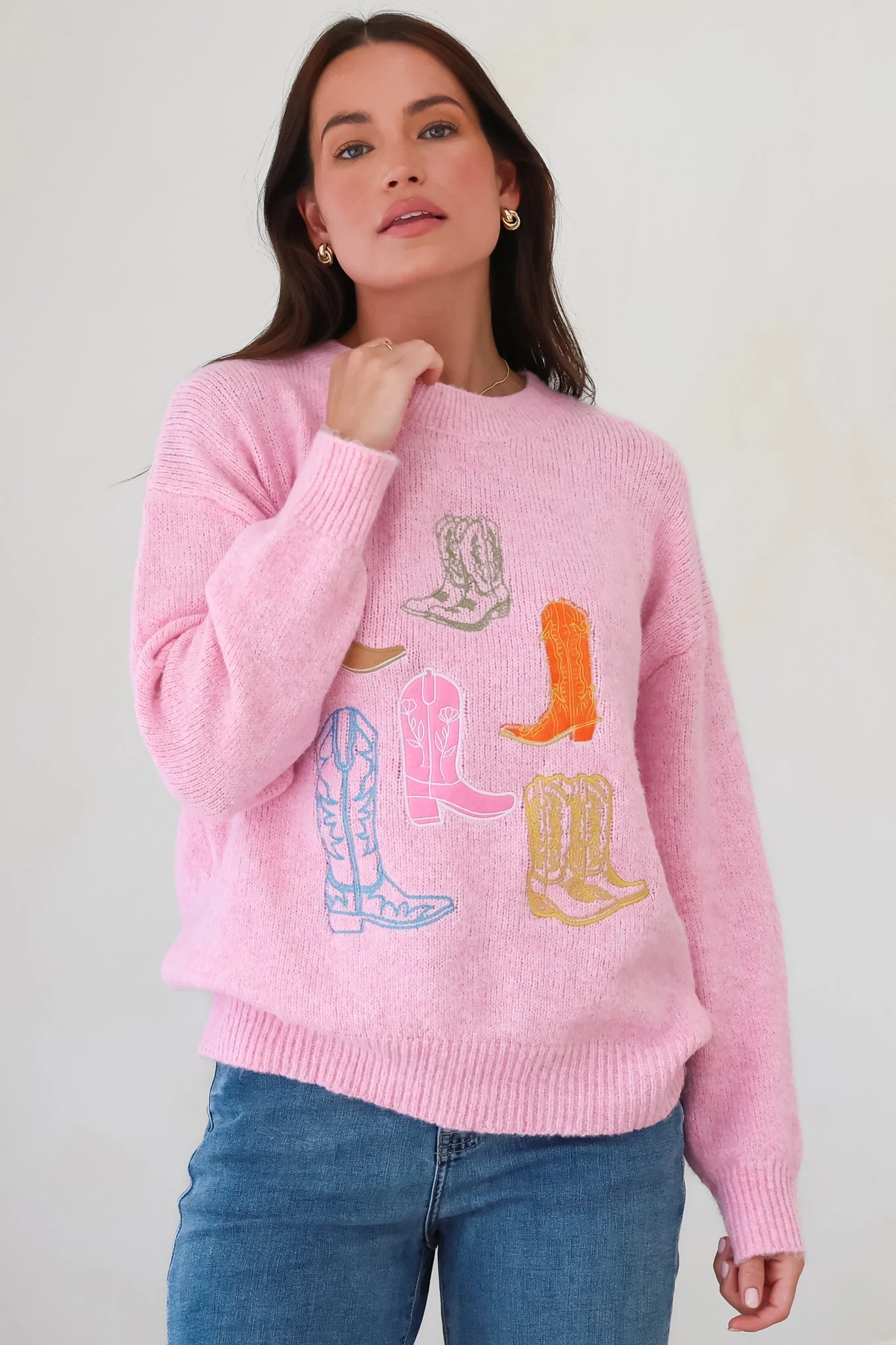 Shelby Jumper - Cowgirl Boot Graphic Long Sleeve Knit in Pink - Image 8