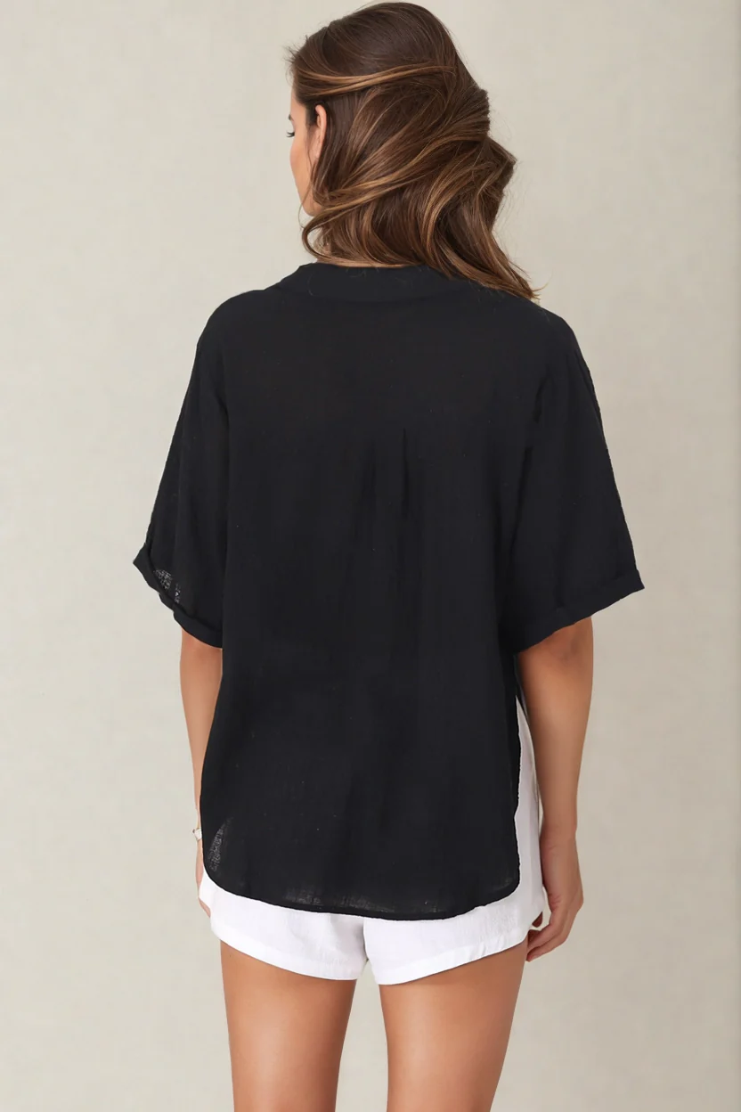 Shelly Shirt - Linen Collared Button Down Shirt in Black - Image 11