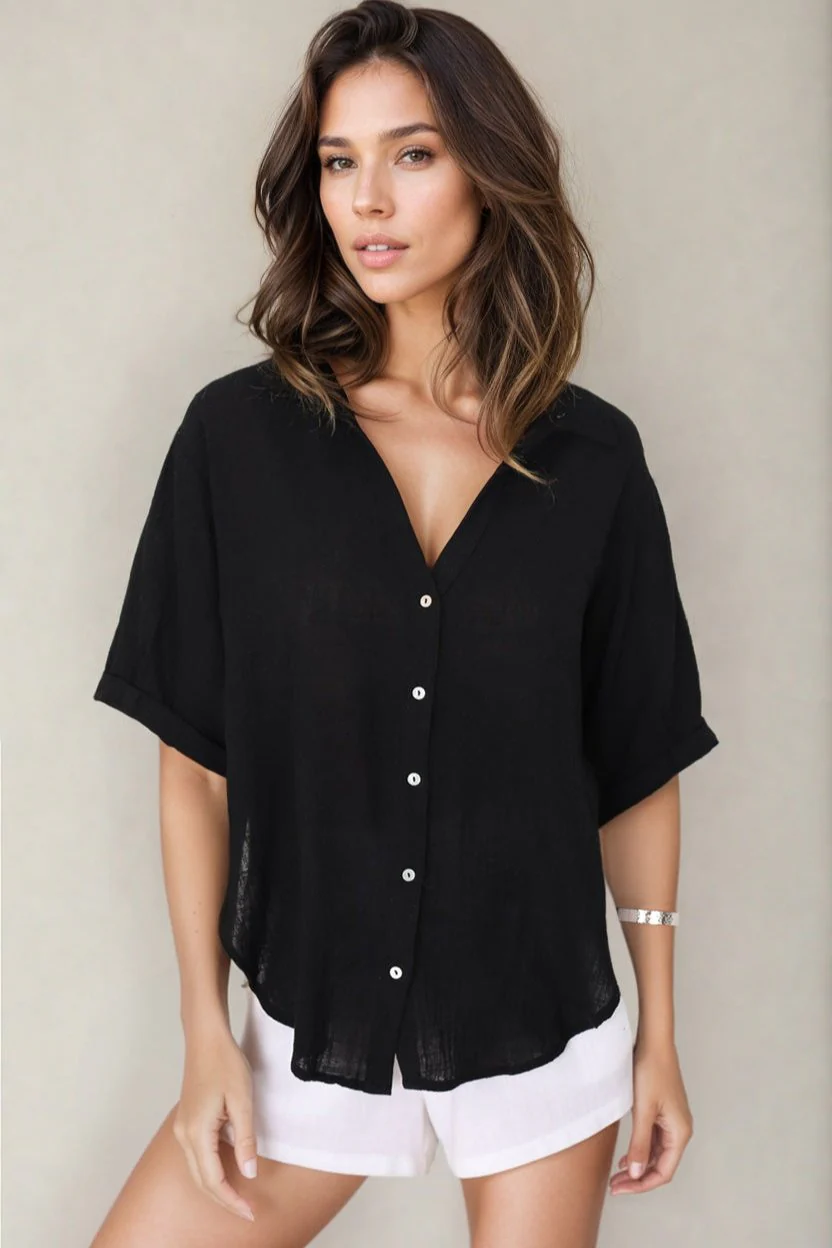 Shelly Shirt - Linen Collared Button Down Shirt in Black - Image 3