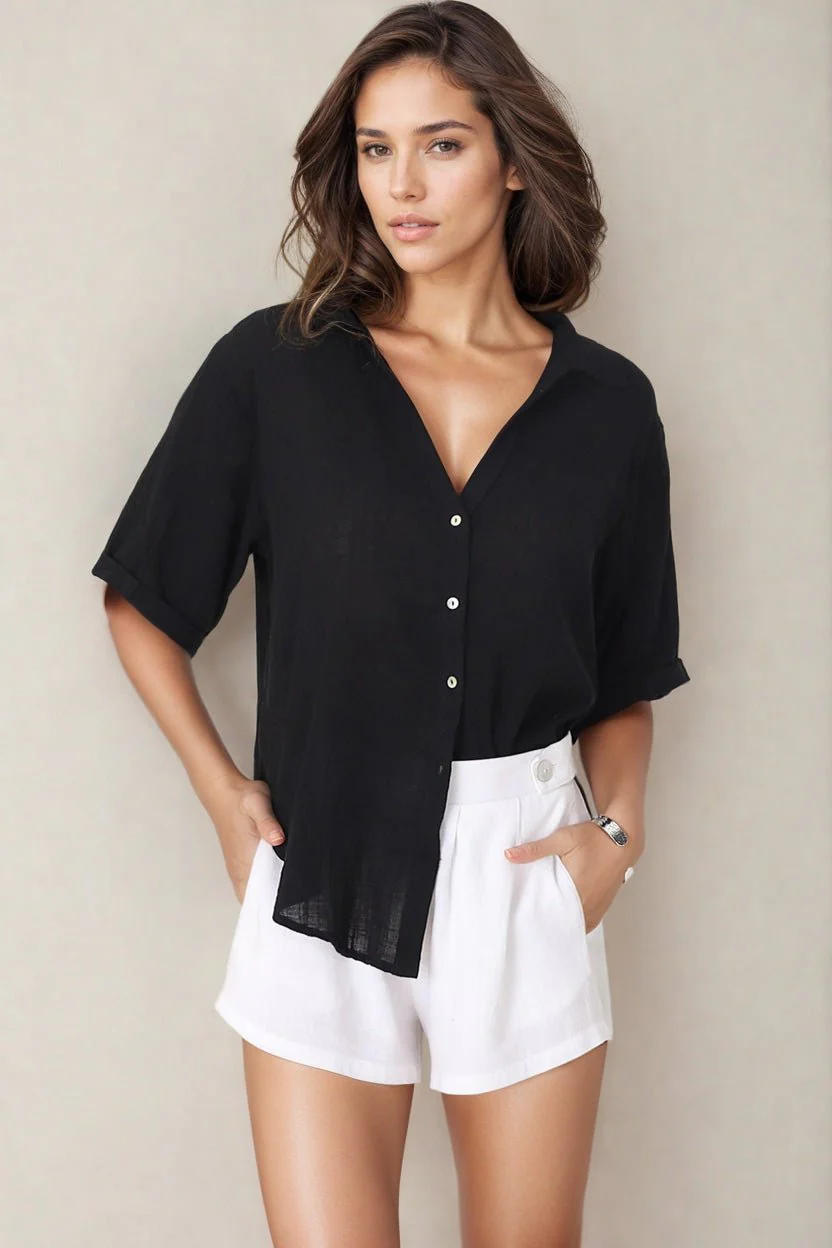 Shelly Shirt - Linen Collared Button Down Shirt in Black - Image 7