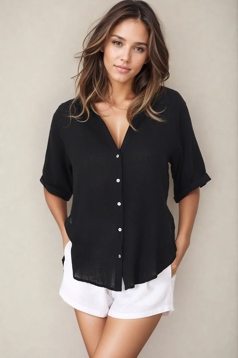 Shelly Shirt - Linen Collared Button Down Shirt in Black - Image 9