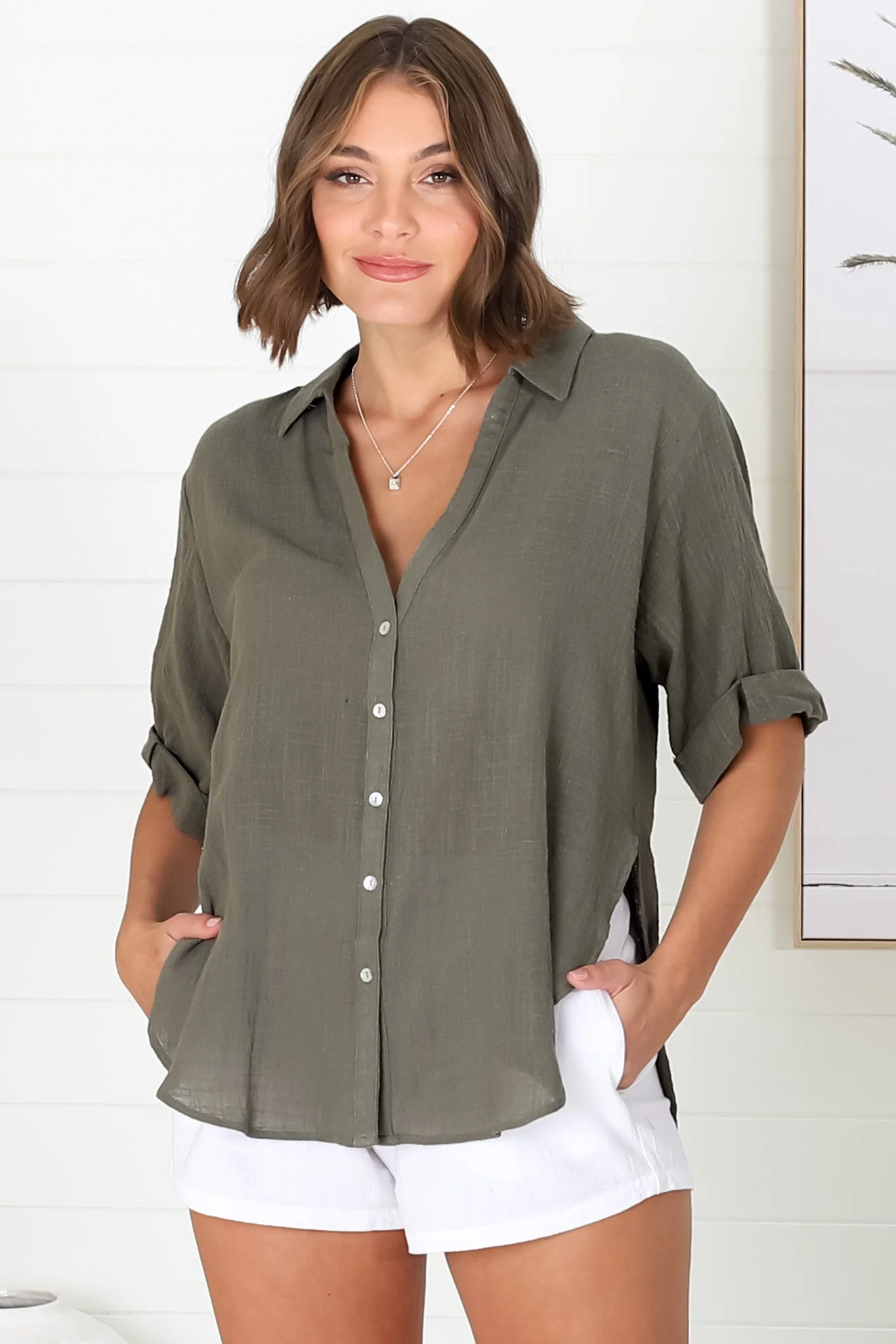 Shelly Shirt - Linen Collared Button Down Shirt in Military Green - Image 10