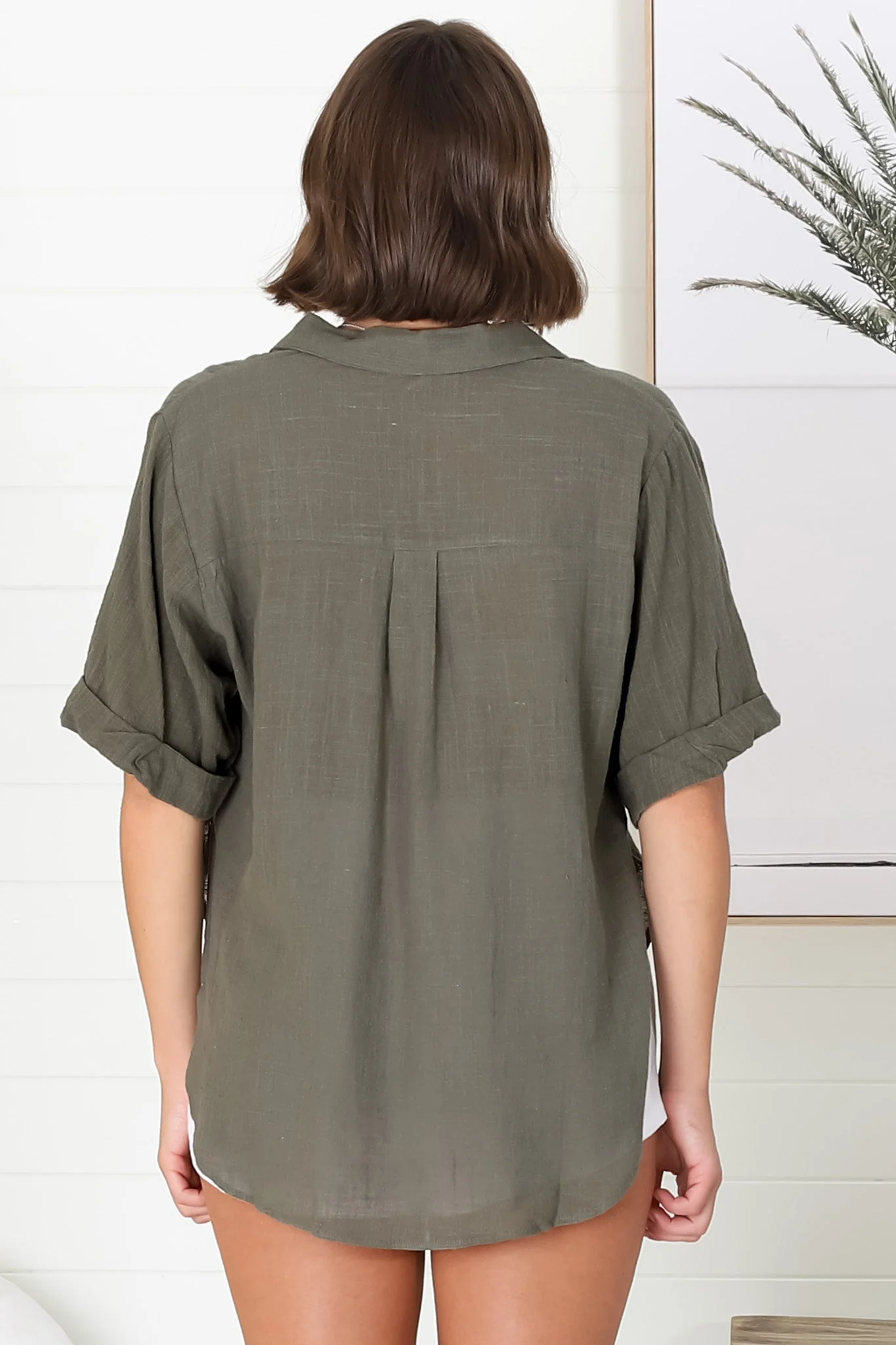 Shelly Shirt - Linen Collared Button Down Shirt in Military Green - Image 12