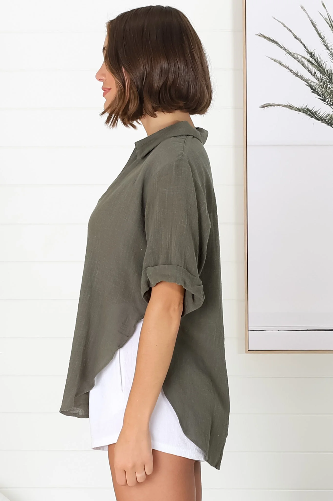 Shelly Shirt - Linen Collared Button Down Shirt in Military Green - Image 13